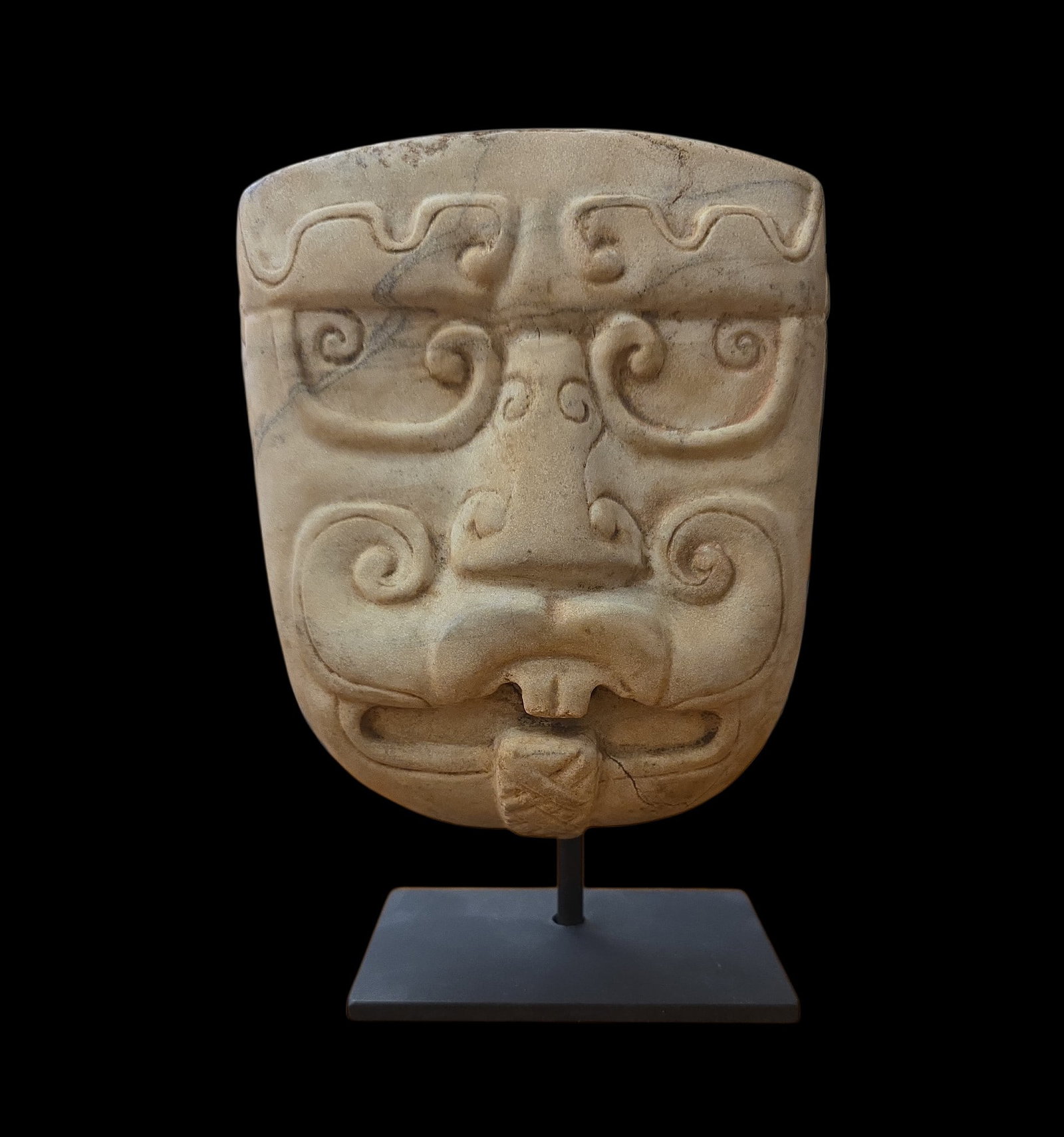 Pre-Columbian Mayan Lord Relief Death Mask: 5.75" X 6.5" Pre-Columbian Mayan Lord Relief Mask, Large Stone Relief Mask Possibly Olmec or Mayan, Mesoamerica, Exact Age Unknown, Custom Stand