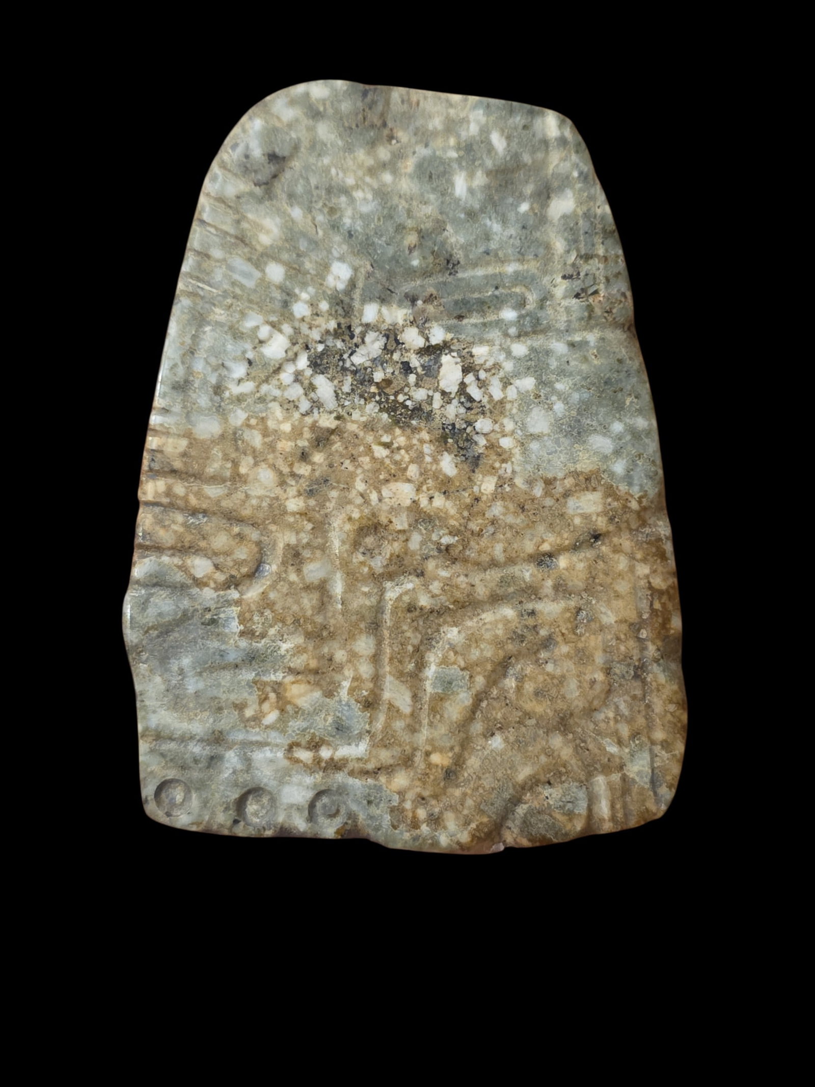 Large Pre-Columbian Crouching Mayan Lord Jade Pectoral: 2.25" X 3" Large Pre-Columbian Crouching Mayan Lord Jade Pectoral, Incised Line Carving, Mayan Glyphs, Mesoamerica, 300-800 C.E.