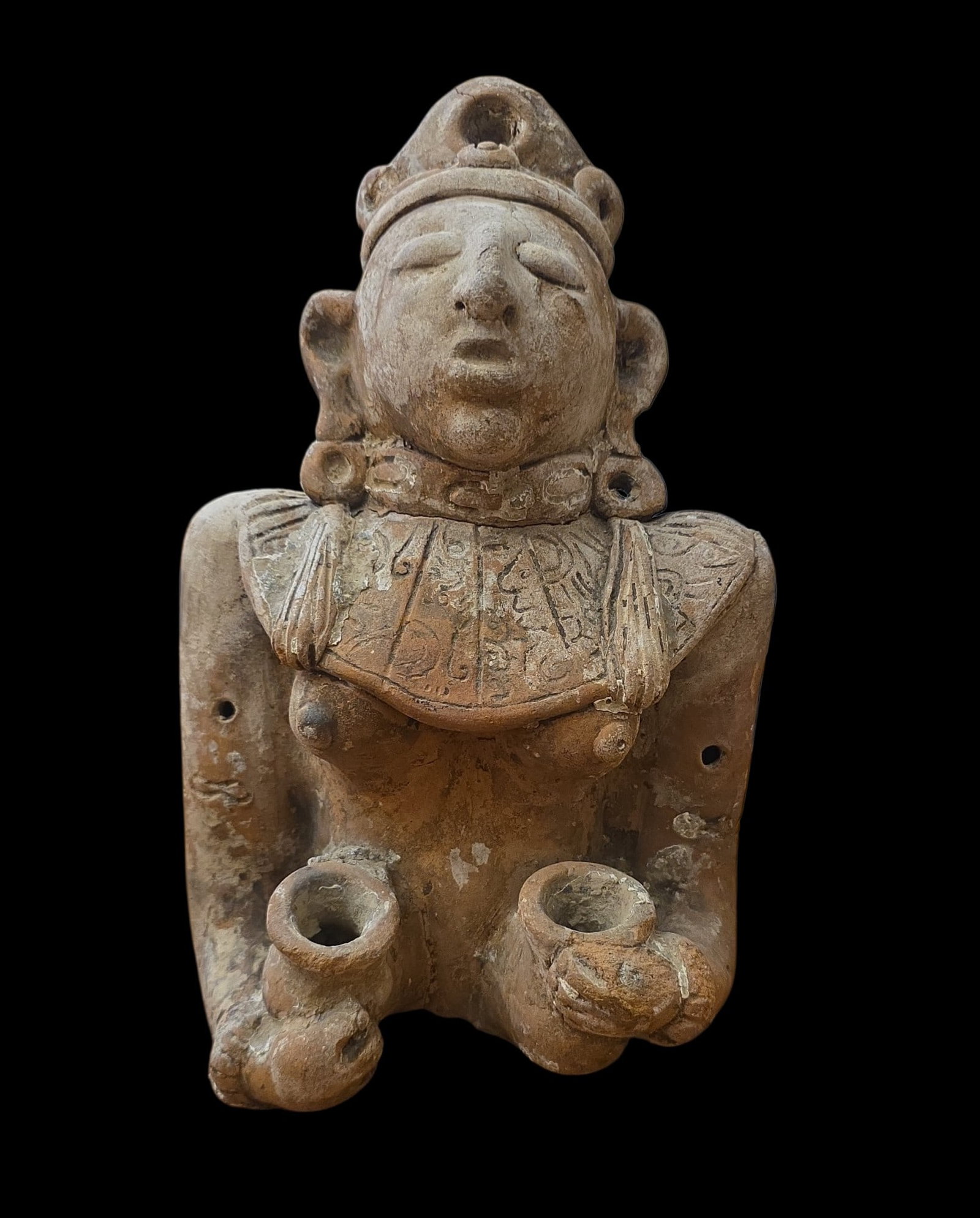 Pre-Columbian Upper Lid of Incensario, Mayan Torso: 10.25" X 6.75" Pre-Columbian Upper Lid of Incensario, Mayan Torso, Mayan Headdress And Elaborate Bib With Ear Flare Depiction, Mesoamerica, 300-800 CE