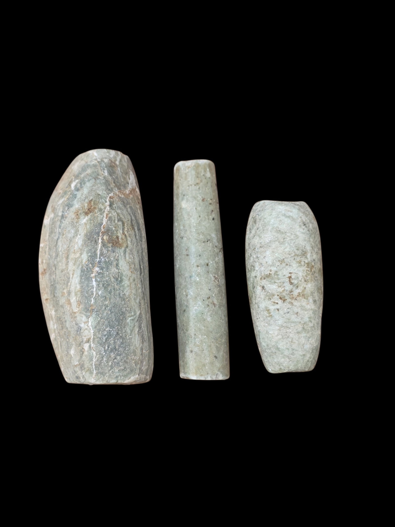 Large Pre-Columbian Mayan Jade Bead Assortment: 1.5' X .5" Large Pre-Columbian Mayan Jade Bead Assortment , Heavy Calcification, Mesoamerica, 300-800 C.E.
