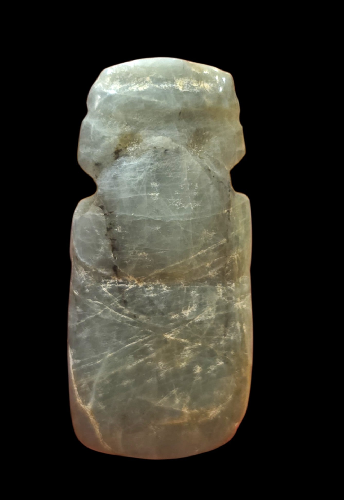 Pre-Columbian Jade Avian Celt Costa Rica: 2.25" X 1" Pre-Columbian Jade Avian Celt, Translucent Jade , Calcification, Nicoya Costa Rica, 300-900 C.E.
