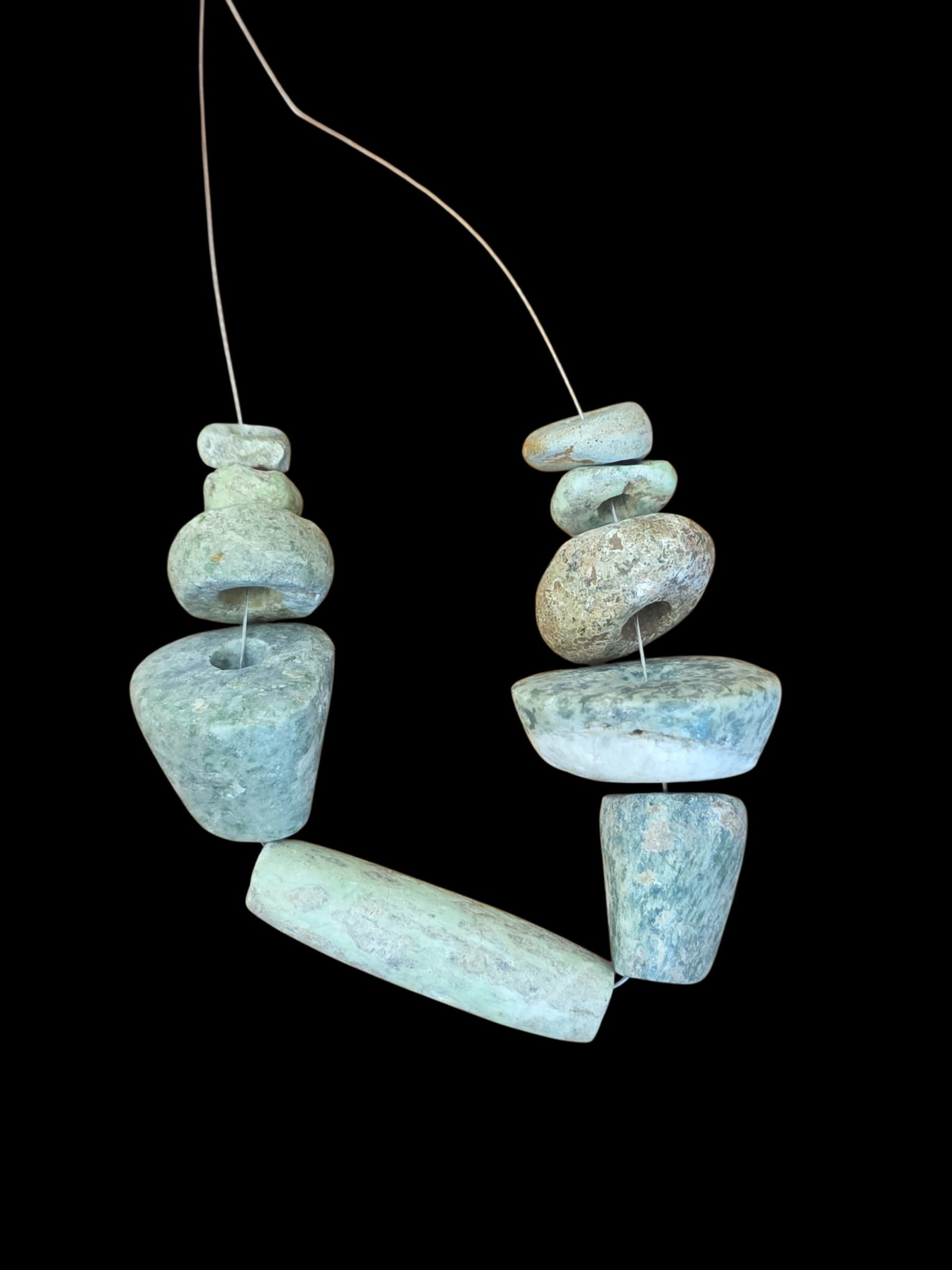 Pre-Columbian Mayan Green Jade Bead Collection: 2" Pre-Columbian Mayan Green Jade Bead Collection, Assorted Green Jade Spacer Beads , Heavy Calcification, Mesoamerica, 300 - 800 C. E. , Approx 7.5" Strand