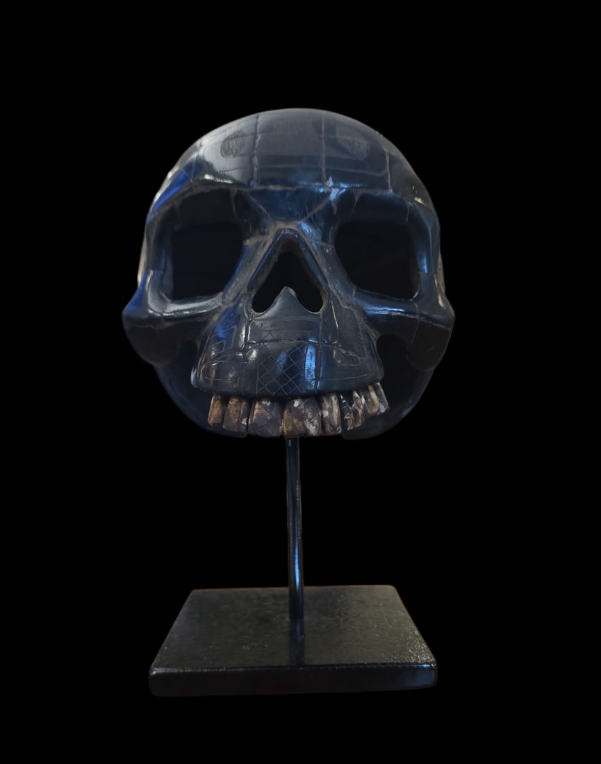 Pre-Columbian Style Mosaic Life Size Skull Mayan: 5" X 6" Pre-Columbian Style Mosaic Life Size Skull Mayan, Black High Polish Stone Mosaic Skull, Mesoamerica, Exact Age Unknown, Custom Display Stand