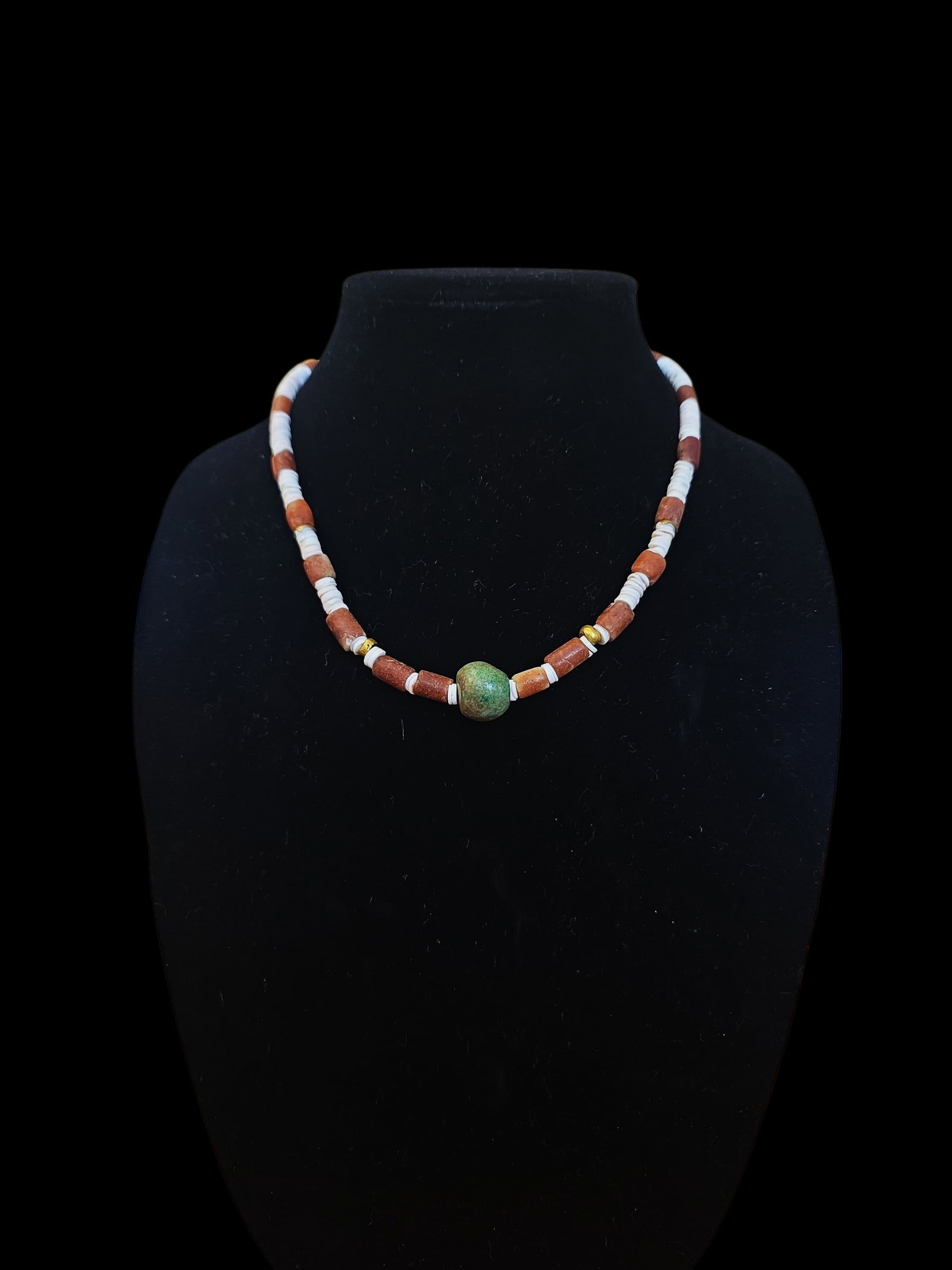 Pre-Columbian Tairona Beaded Necklace: 8" Drop Length Pre-Columbian Tairona Beaded Necklace, Shell Spacer Beads, Jasper Beads, Jade Center Bead, Gold Spacer Beads, Modern Day Gold Clasp, Tairona Culture Colombia, 800-1200 C.E.