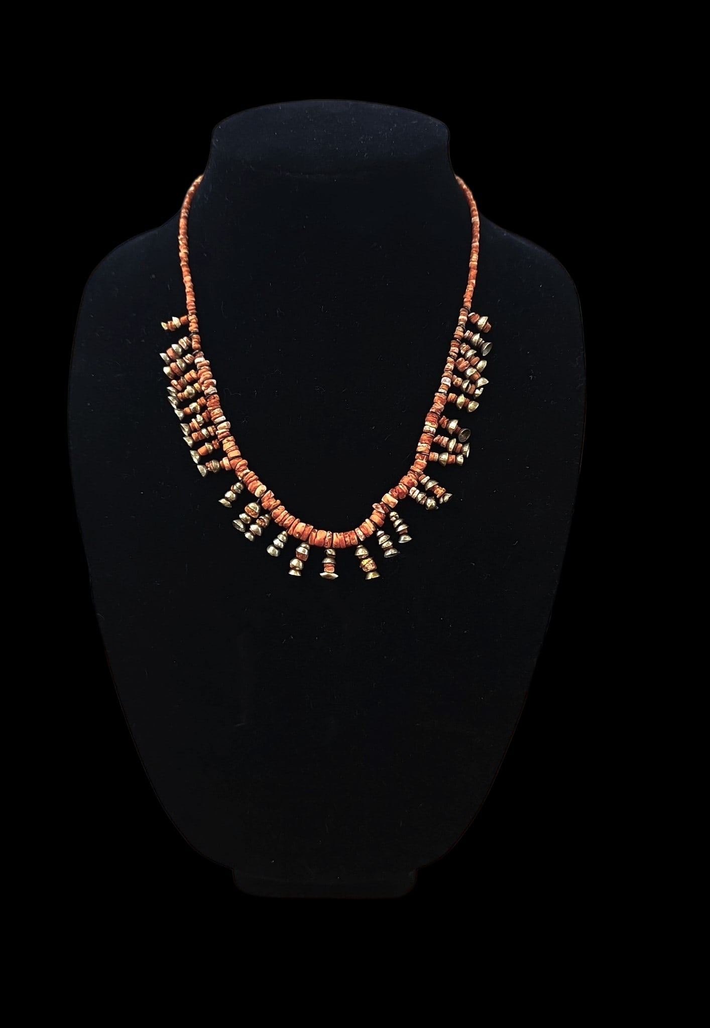 Pre-Columbian Spondylus Shell And Gold Beaded Necklace: 9.5" Drop Length Pre-Columbian Spondylus Shell And Gold Beaded Necklace, Spondylus Shell Disc Beads With Gold Pre-Columbian Bell Beads, Tairona Culture, 800-1200 C.E.