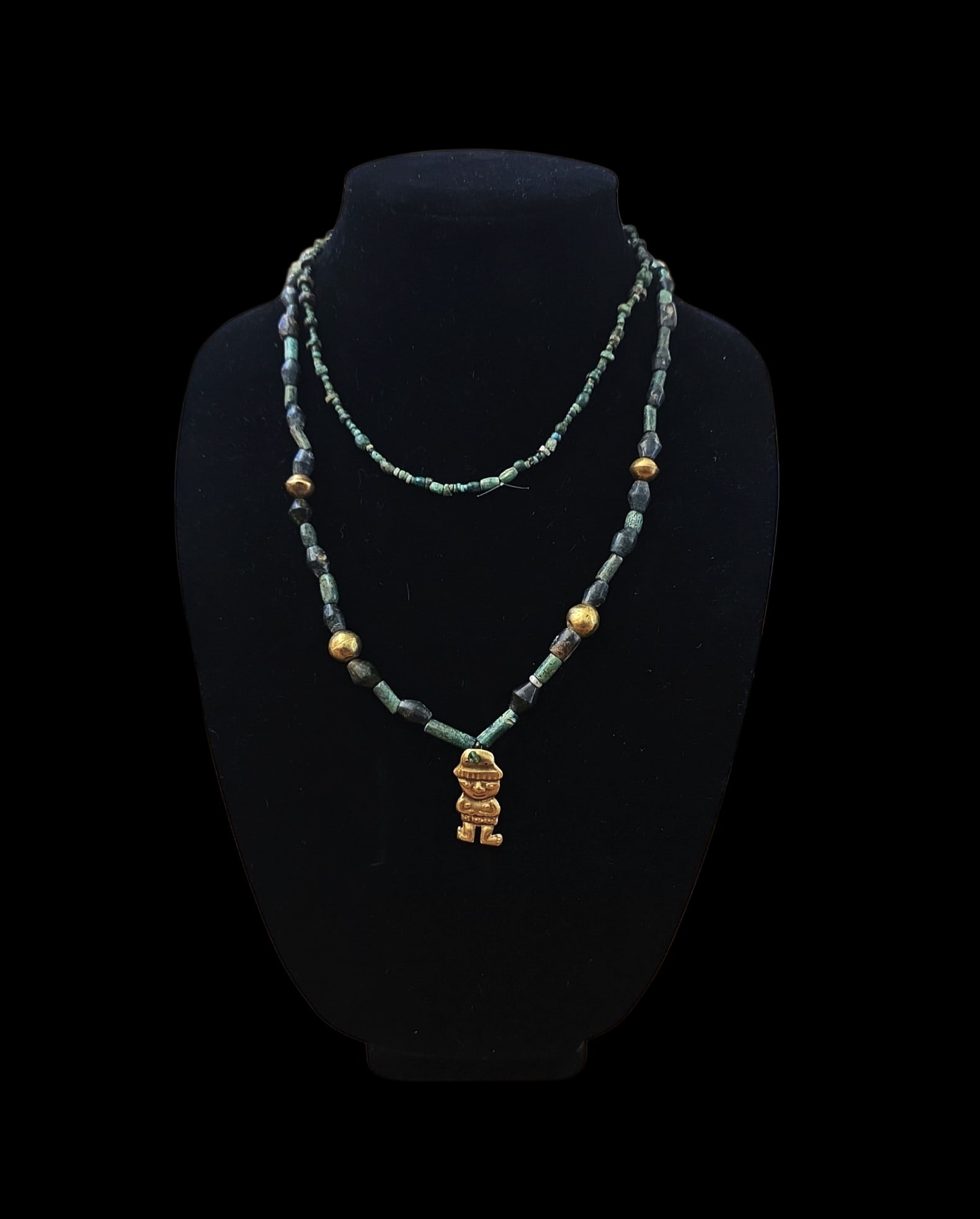Pre-Columbian Green Turquoise And Gold Beaded Necklace: 20" Drop Length Pre-Columbian Green Turquoise And Gold Beaded Necklace, Rare Green Turquoise Pre-Columbian Beads , Gold Pre-Columbian Spacer Beads , Gold Pre-Columbian Figural Center Pendant , South A