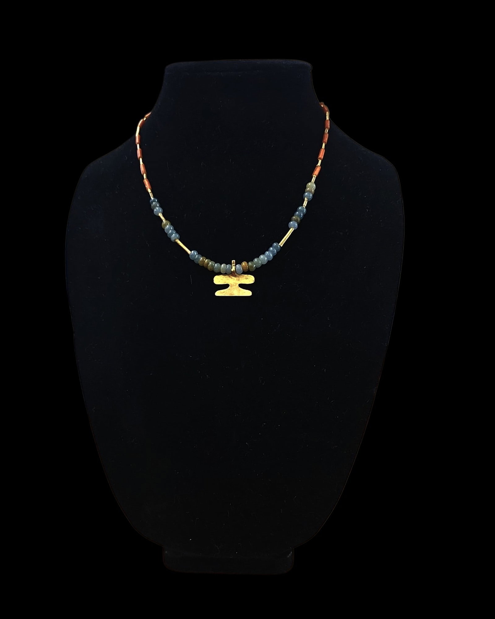 Pre-Columbian Gold Avian Beaded Necklace, Tairona: 8.5" Drop Length Pre-Columbian Gold Avian Beaded Necklace, Pre-Columbian Gold Tube Beads, Jadeite Jade Round Beads, Spondylus Shell Spacer Beads, Panamanian Pre-Columbian Gold, Modern Day Clasp, 800-1