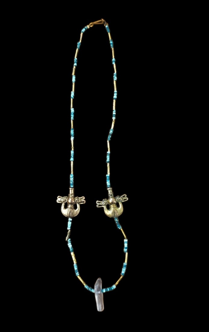 Pre-Columbian Tairona Beaded Necklace With Gold Adornments: 10.5" Drop Length Pre-Columbian Tairona Beaded Necklace With Gold Adornments And Crystal Quartz Center Pendant, Tairona Culture, 800-1200 C.E.
