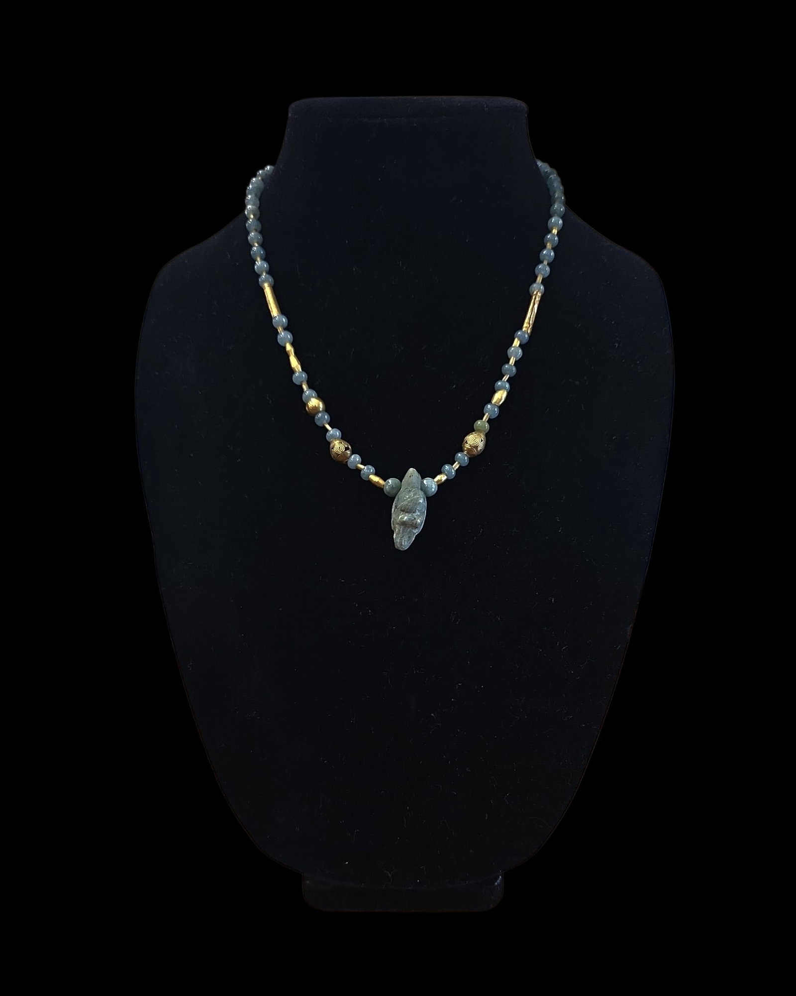 Pre-Columbian Gold And Jade Avian Necklace: 10" Drop Length Pre-Columbian Gold And Jade Avian Necklace, Pre-Columbian Jade Avian Center Pendant Costa Rica, Pre-Columbian Gold Spacer Beads Tairona Culture Colombia, Modern Day Jadeite Jade Spacer