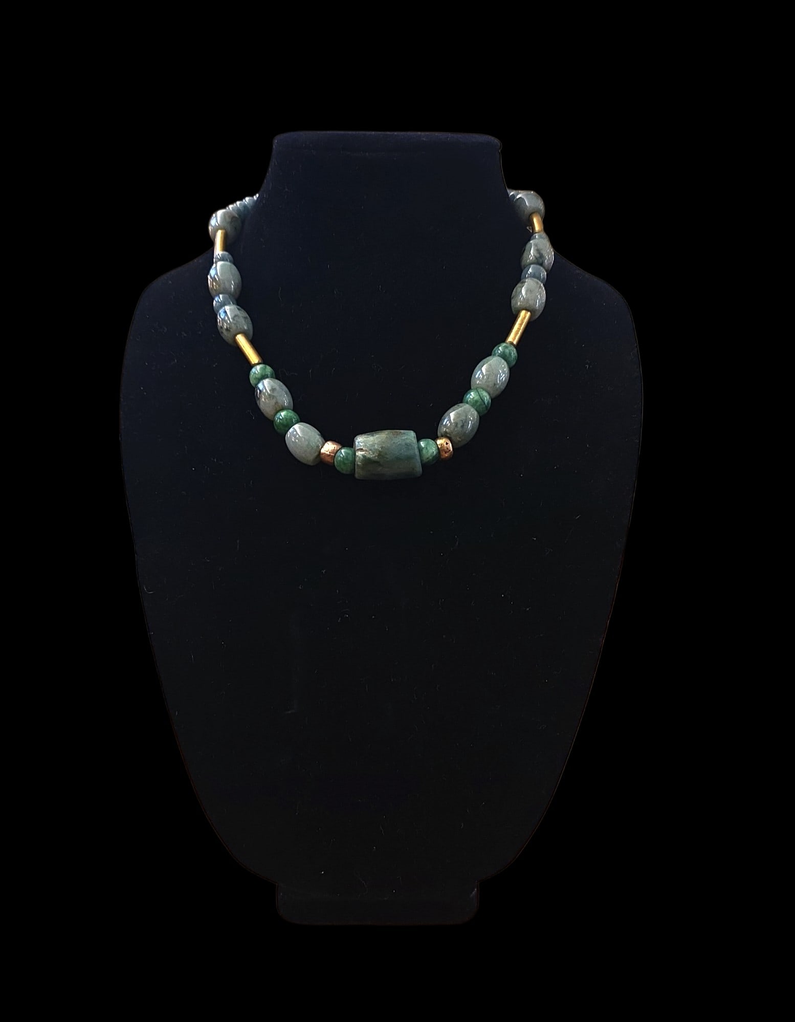 Pre-Columbian Jade And Gold Beaded Necklace: 8" Drop Length Pre-Columbian Jade And Gold Beaded Necklace, Pre-Columbian Jade From Nicoya Costa Rica, Gold Spacer Beads Tairona Culture Colombia, Modern Day Jadeite Beads Guatemala, 500-1200 C.E.