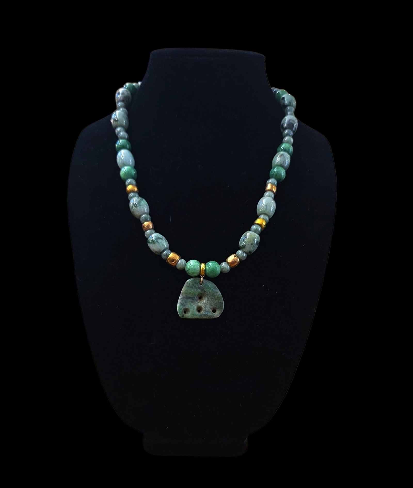 Pre-Columbian Jade And Gold Beaded Necklace With Mayan Jade Pendant: 11.5" Drop Length Pre-Columbian Jade And Gold Beaded Necklace With Mayan Jade Pendant, Pre-Columbian Jade From Nicoya Costa Rica, Gold Spacer Beads Tairona Culture Colombia, Carved Mayan Jade Center P