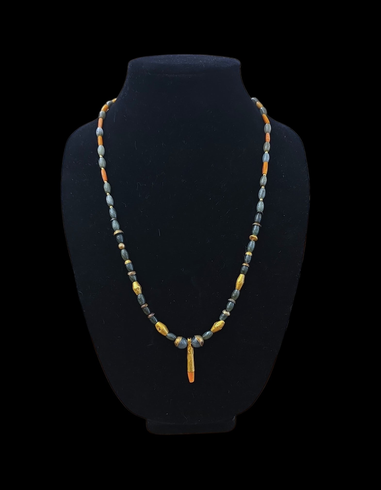 Pre-Columbian Gold Beaded Necklace With Mayan Gold And Spondylus Pendant: 13" Drop Length Pre-Columbian Gold Beaded Necklace With Mayan Gold Center Pendant, Gold Spacer Beads Tairona Culture Colombia, Mayan Gold And Spondylus Center Pendant, Modern Day Jadeite Beads Guatema