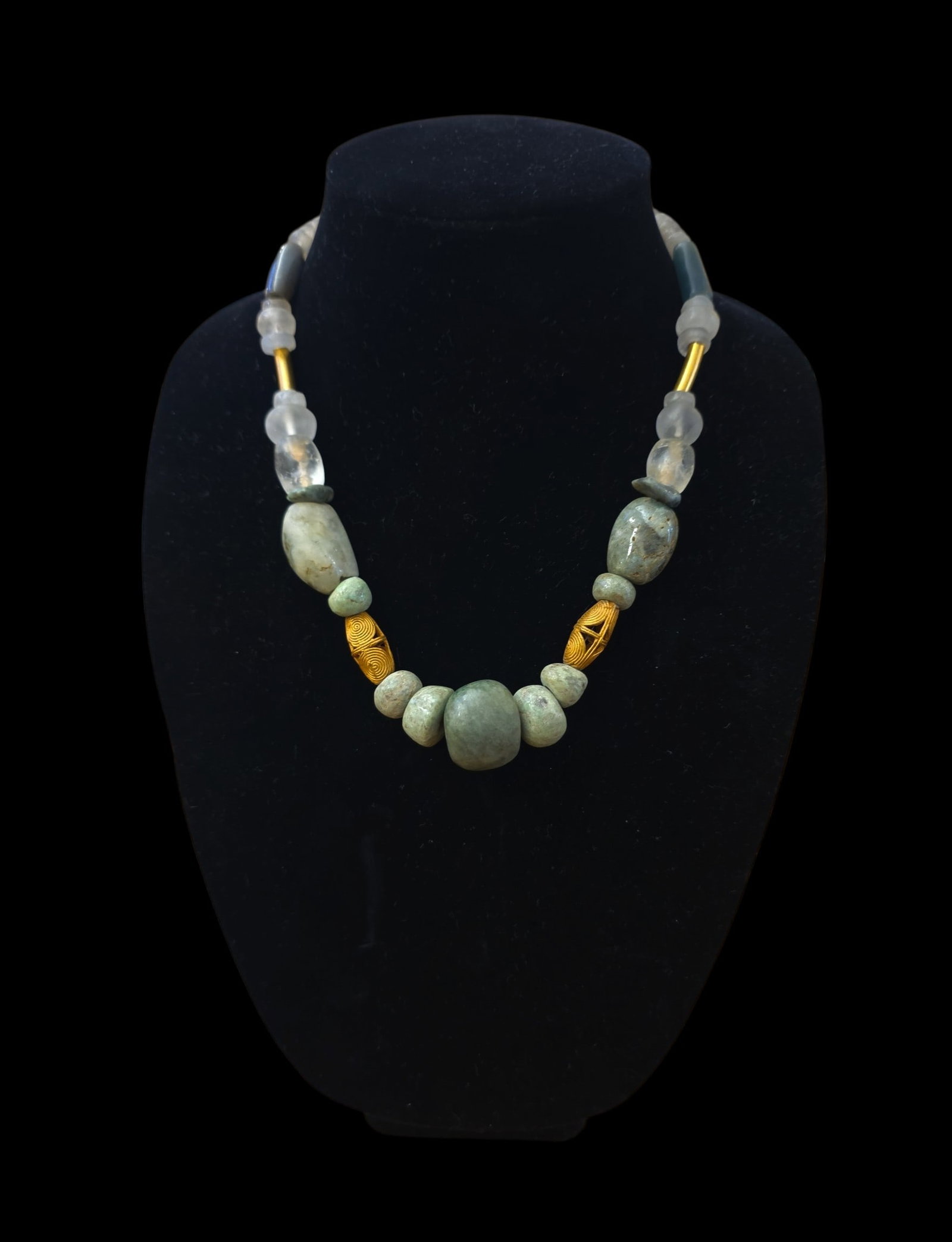 Pre-Columbian Jade Gold And Crystal Quartz Necklace: 9.5" Drop Length Pre-Columbian Jade Gold And Crystal Quartz Necklace, Mayan Jade Beads, Tairona Crystal Quartz Beads, Tairona Gold Spacer Beads, 500-1200 C.E.