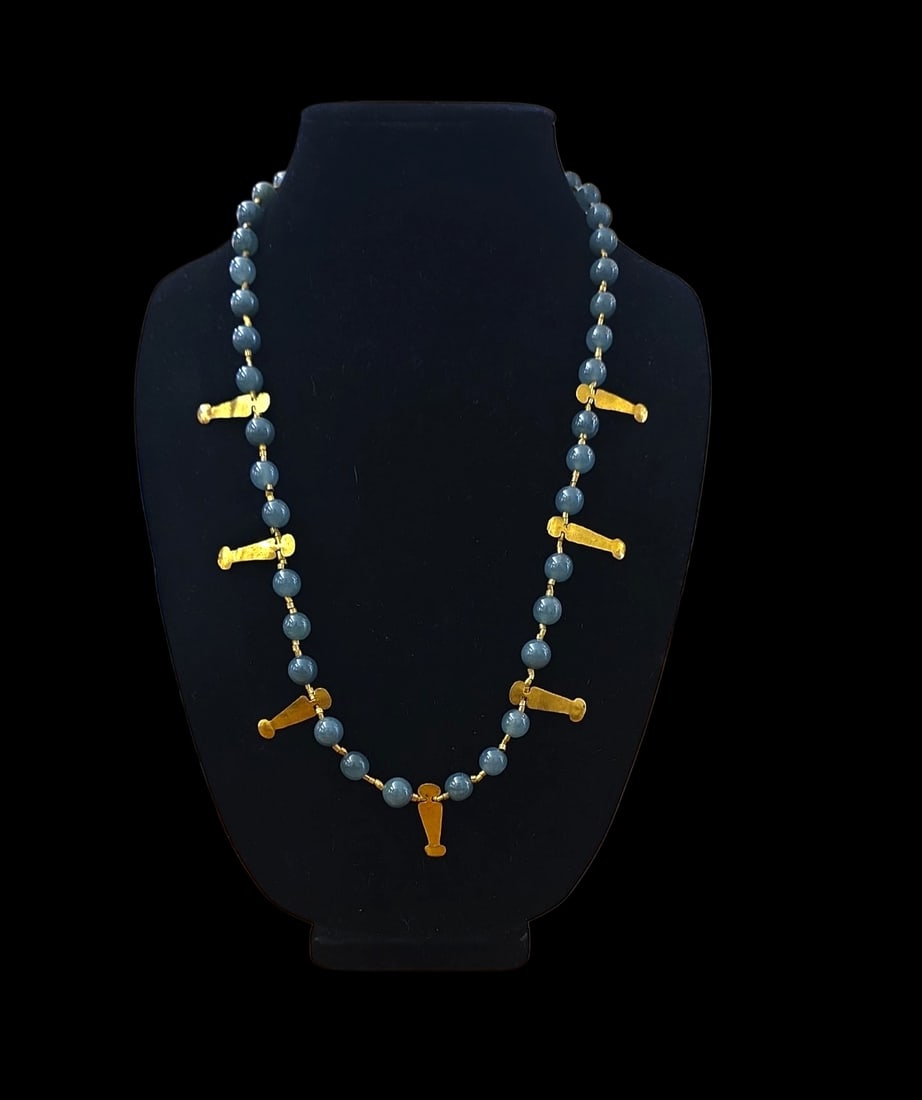 Pre-Columbian Gold Tairona Caciques Necklace With Jade Beads Necklace: 13" Drop Length Pre-Columbian Gold Tairona Caciques With And Jade Beads, Caciques Or "Chieftains" Gold Pendants And Gold Spacer Beads, Tairona Culture Colombia, Modern Day Jadeite Beads Guatemala, 500