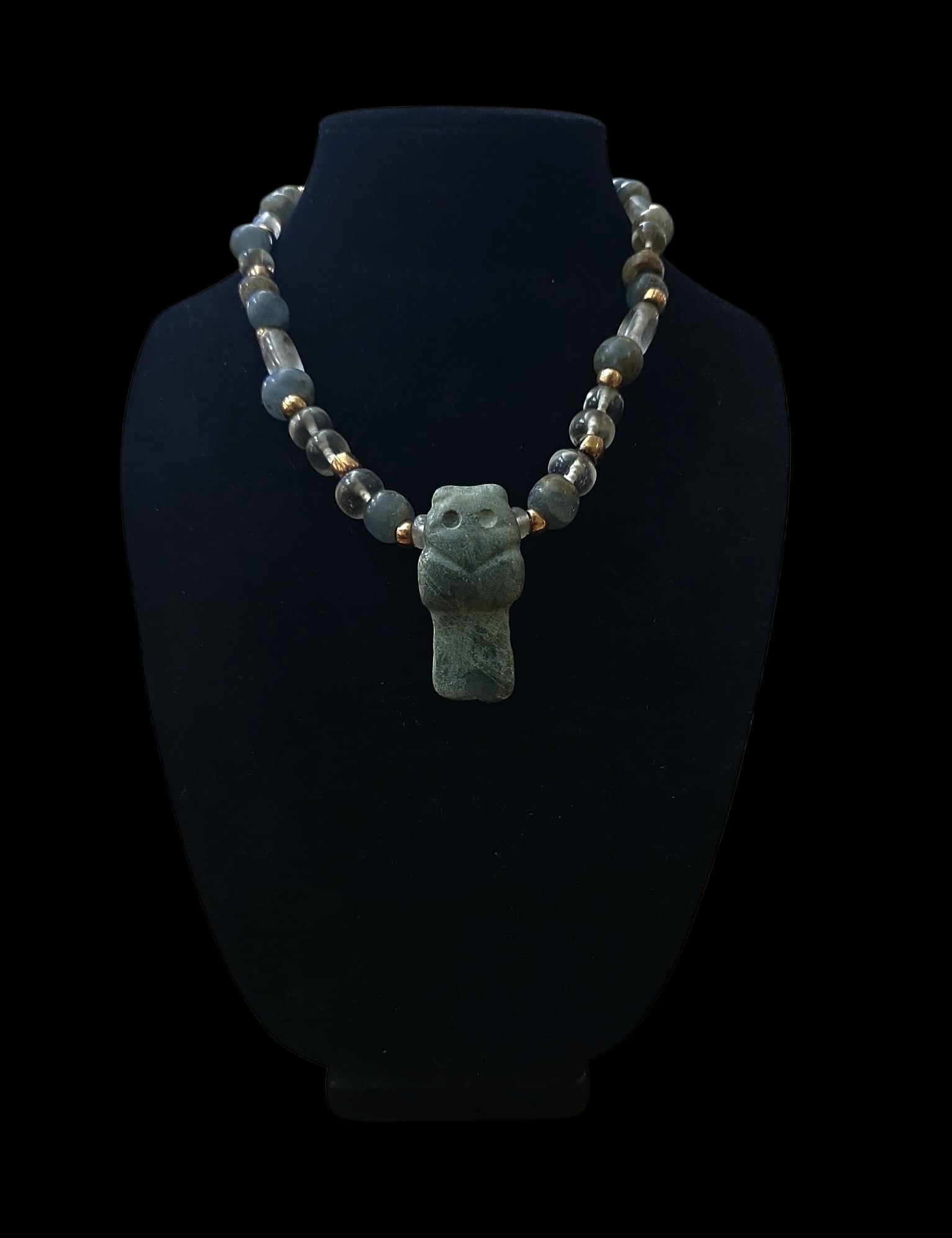 Pre-Columbian Crystal Quartz, Jade And Gold Beaded Necklace: 10.25" Drop Length Pre-Columbian Crystal Quartz, Jade And Gold Beaded Necklace, Pre-Columbian Jade From Nicoya Costa Rica, Large Avian Jade Center Pendant, Jade Spacer Beads, Tairona Culture Crystal Q