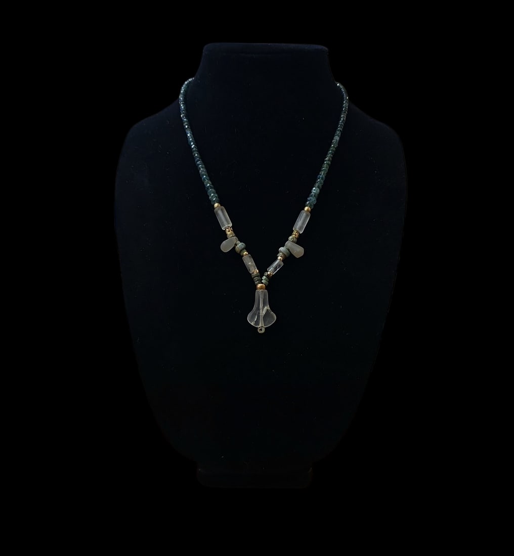 Pre-Columbian Tairona Crystal Quartz And Tairona Gold Necklace: 11.5" Drop Length Pre-Columbian Crystal Quartz, Jade And Gold Beaded Necklace, Pre-Columbian Jade From Nicoya Costa Rica, Tairona Culture Crystal Quartz Beads, Tairona Culture Gold Spacer Beads, Grade