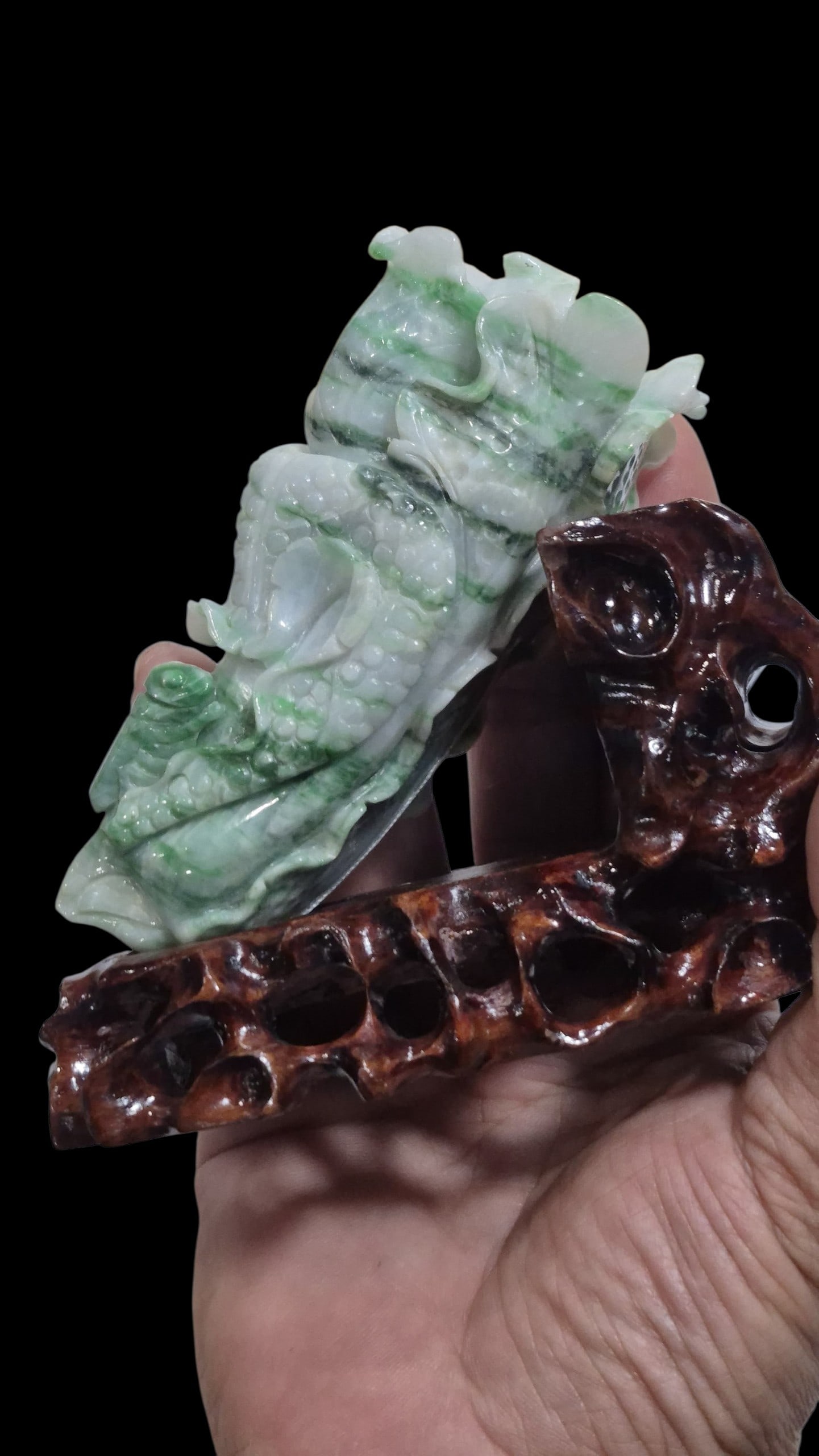 19Th Century Chinese Jade Cabbage Sculpture On Wood Base: 5" X 2.75" 19Th Century Chinese Jade Cabbage Sculpture On Wood Base