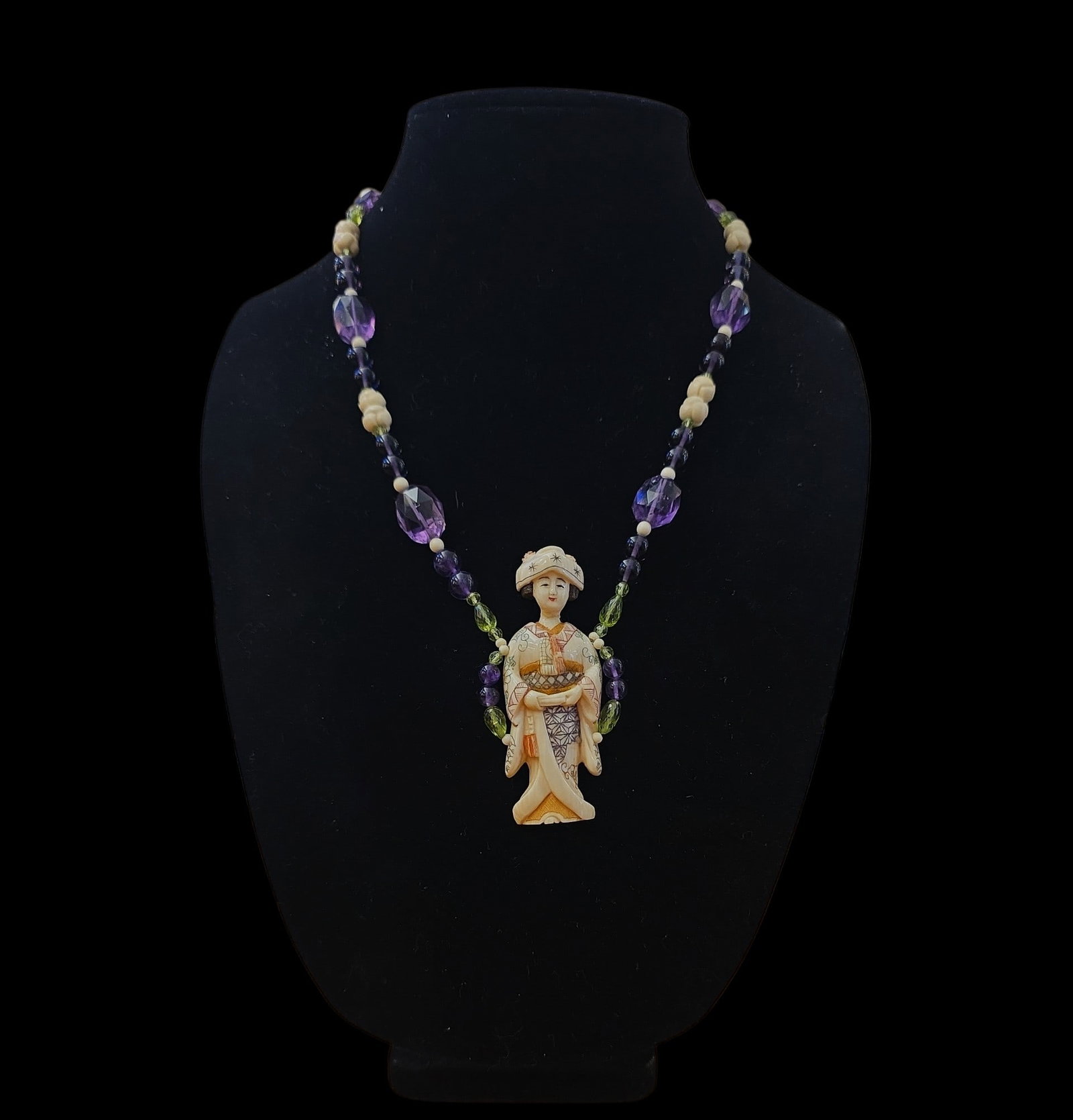Mid-Century Polychrome Netsuke Beaded Necklace: 12" Drop Length Mid-Century Polychrome Netsuke Beaded Necklace, Faceted Amethyst Beads And Peridot Beads, Polychrome Detail, Signed