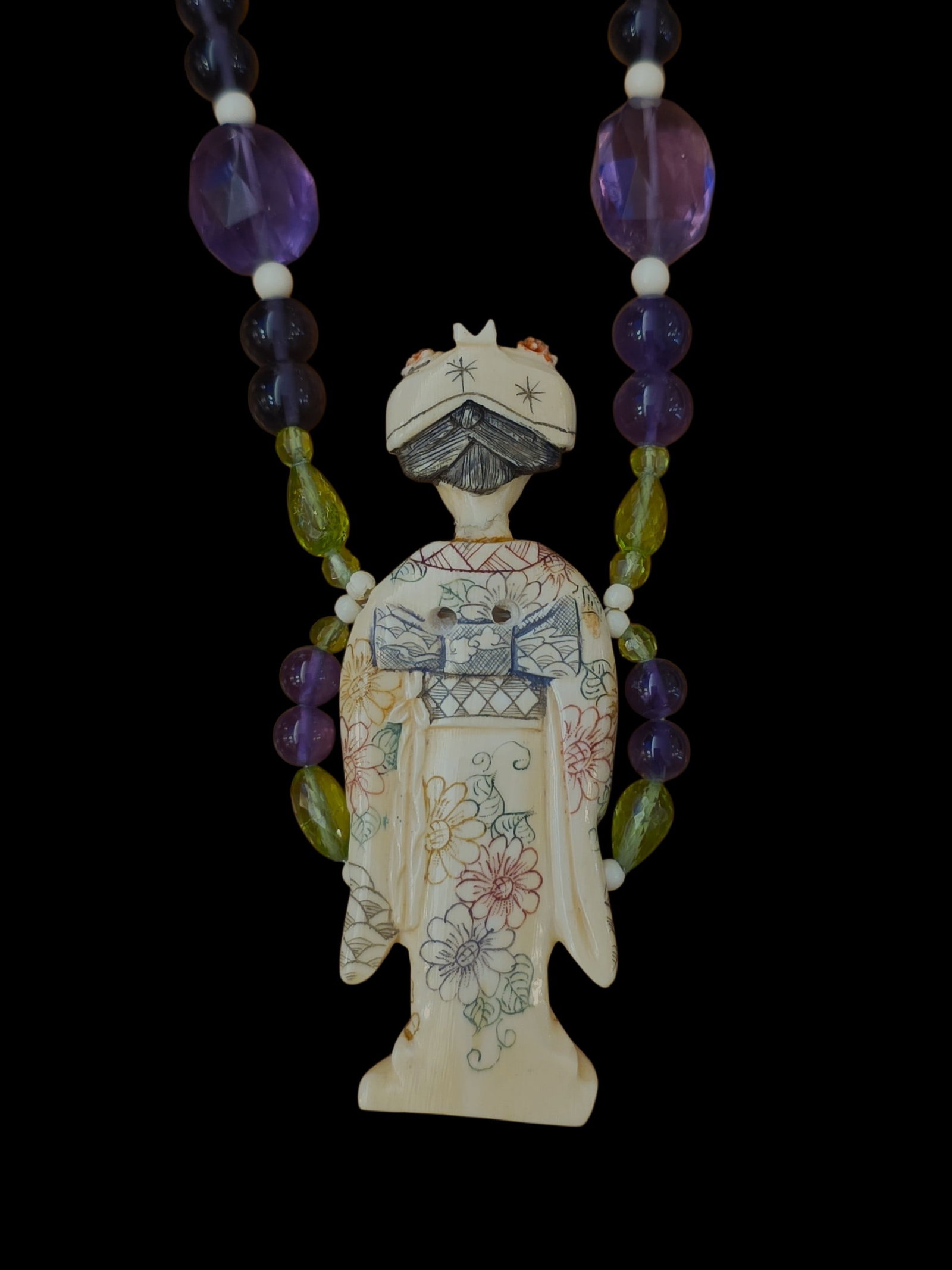 Mid-Century Polychrome Netsuke Beaded Necklace - 4