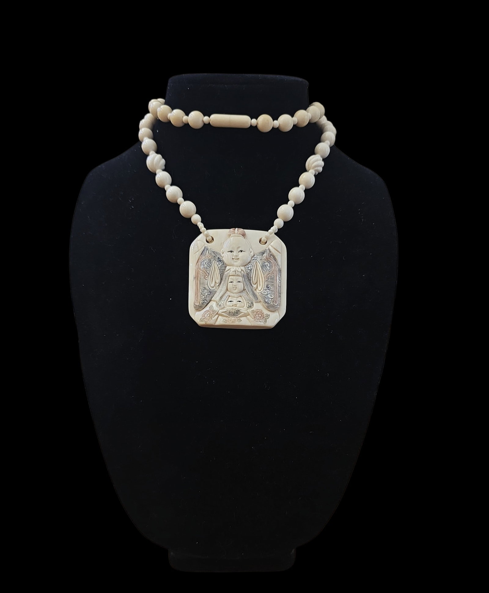 Antique Polychrome Buddha Pectoral Necklace: 14.5" Drop Length Antique Polychrome Buddha Pectoral Necklace, Polychrome Detail, Hand Carved Beads, Longevity Symbol On Back Of Pectoral, Signed