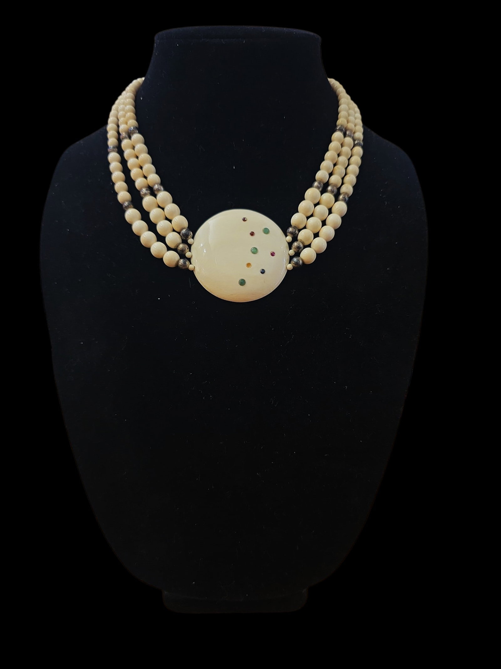 Mid-Century Beaded Necklace With Precious Gemstones And Silver: 9" Drop Length Mid-Century Beaded Necklace With Precious Gemstones And Silver, Hand Carved Beads Inlayed With Sapphires, Emeralds And Rubies, Sterling Silver Accent Beads