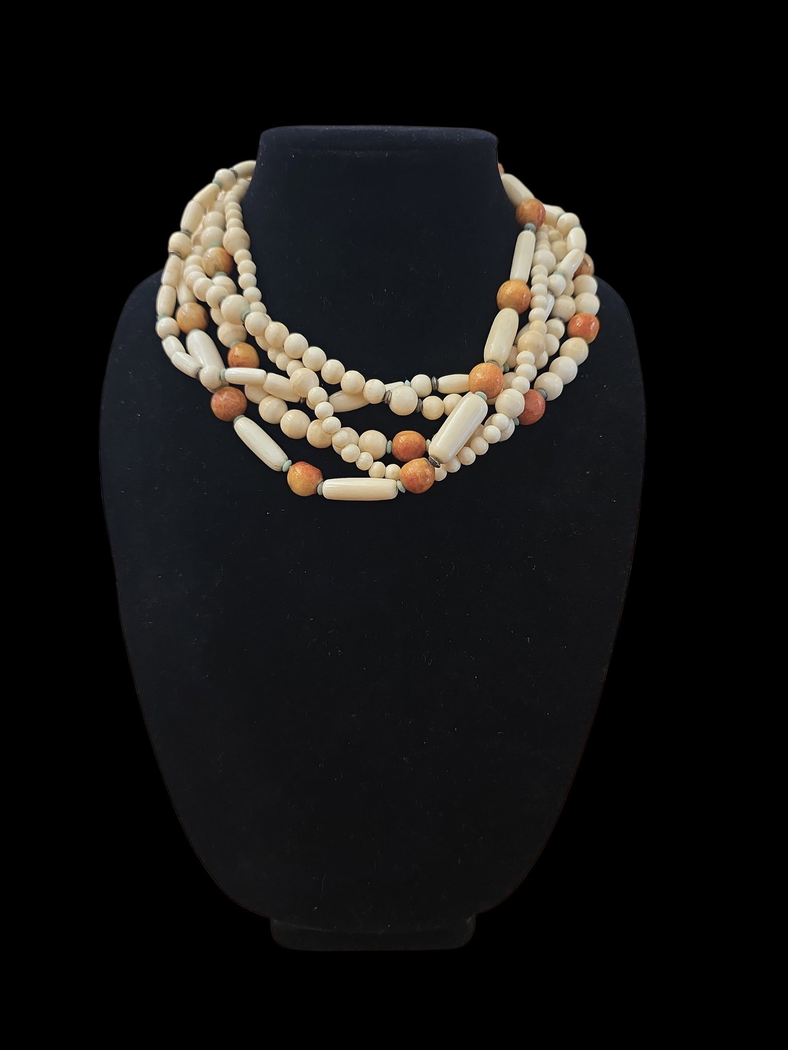 Mid-Century Hand Carved Beaded Necklace With Coral: 9" Drop Length Mid-Century Hand Carved Beaded Necklace With Coral, Natural Coral And Turquoise Beads, Multi-strand Beaded Necklace