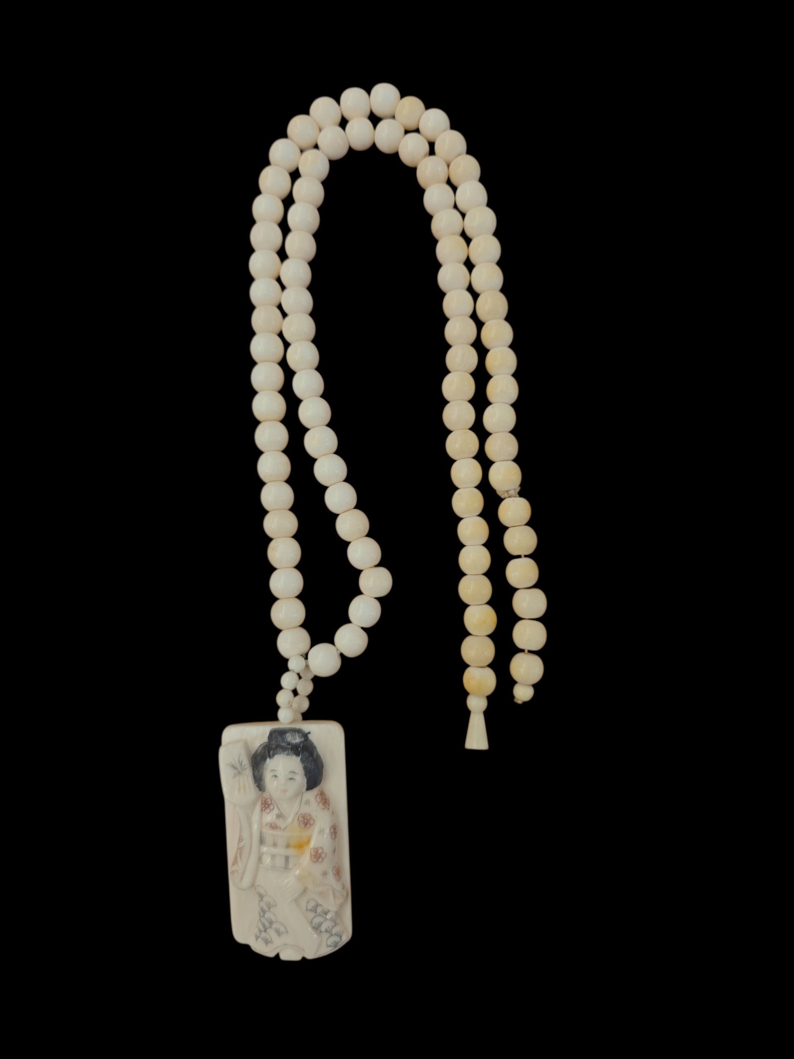 Antique Netsuke Prayer Beads: 13" Drop Length Antique Netsuke Prayer Beads, Polychrome Netsuke With Signature, Hand Carved Beads