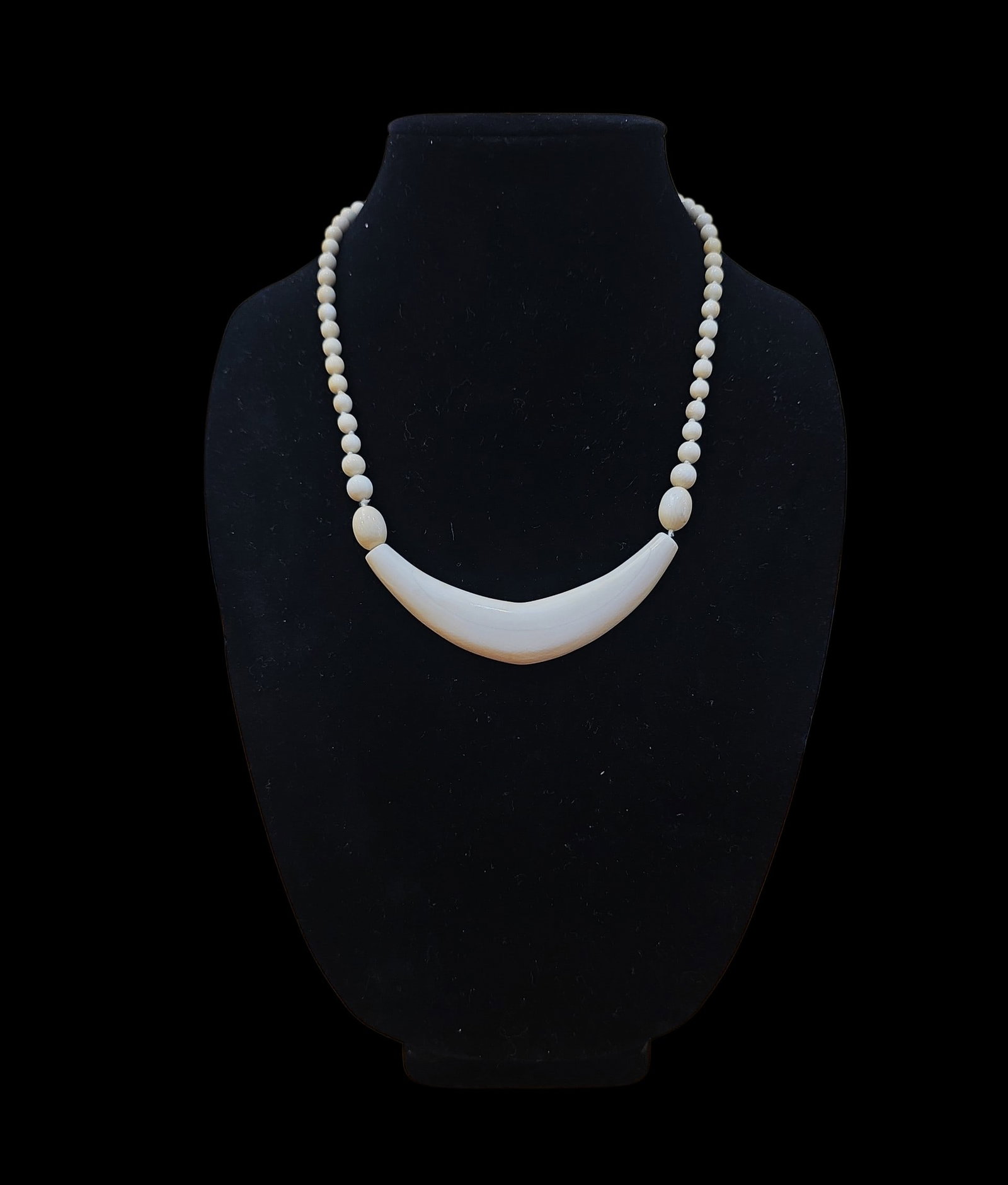 Antique Beaded Necklace With Large Center Pectoral Pendant: 9.25" Drop Length Antique Beaded Necklace With Large Center Pectoral Pendant, Hand Knotted, Hand Carved Beads, Hand Carved Screw Clasp, Large Center Pectoral Pendant