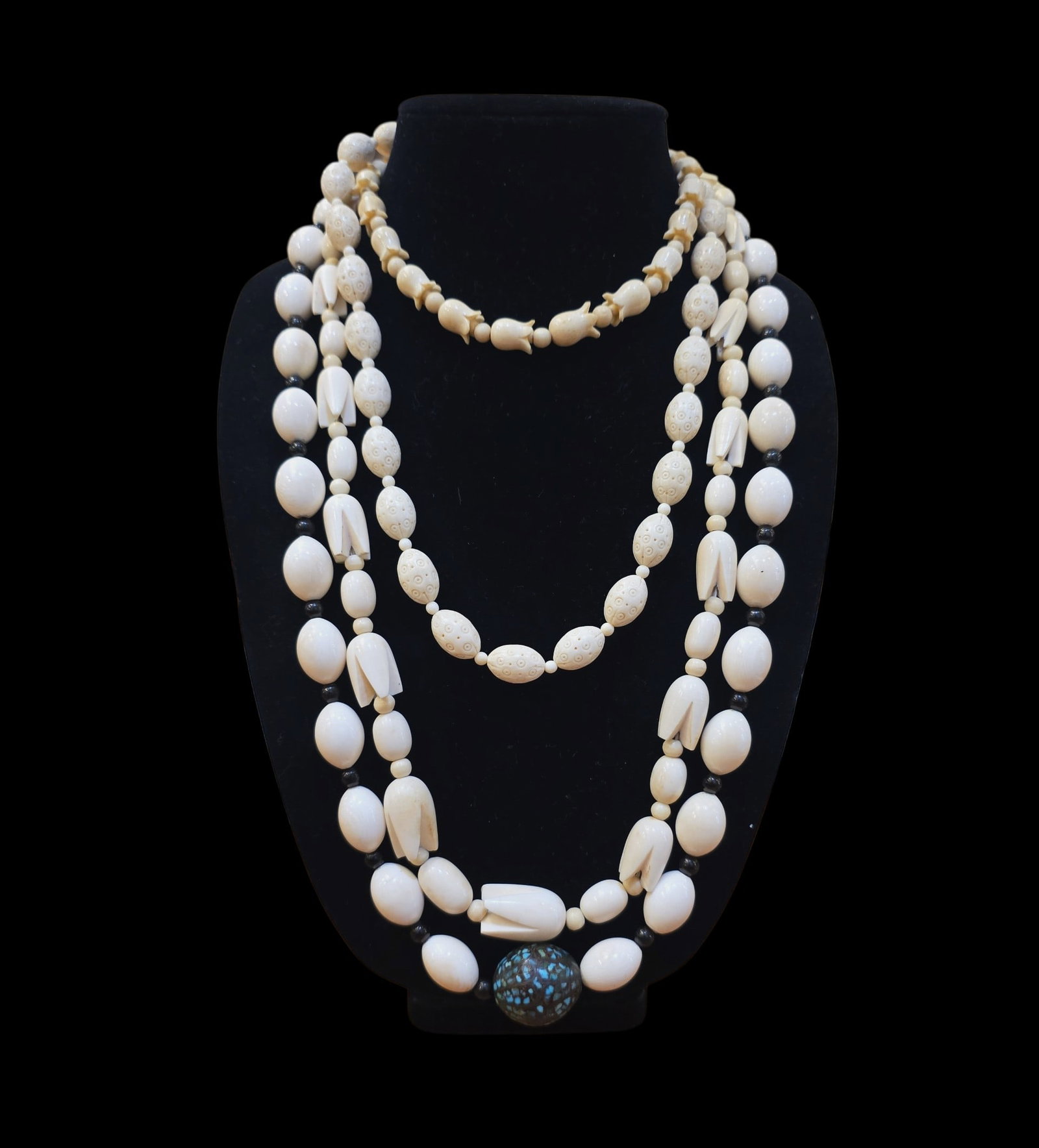 Mid-Century Necklace Collection, Hand Carved: 13" Drop Length Mid-Century Necklace Collection, Hand Carved Beads, Tulip Beads, Round Beads, Onyx Beads, Brass Inlayed With Turquoise, Hand Knotted, Excellent Patina, Various Lengths And Sizes