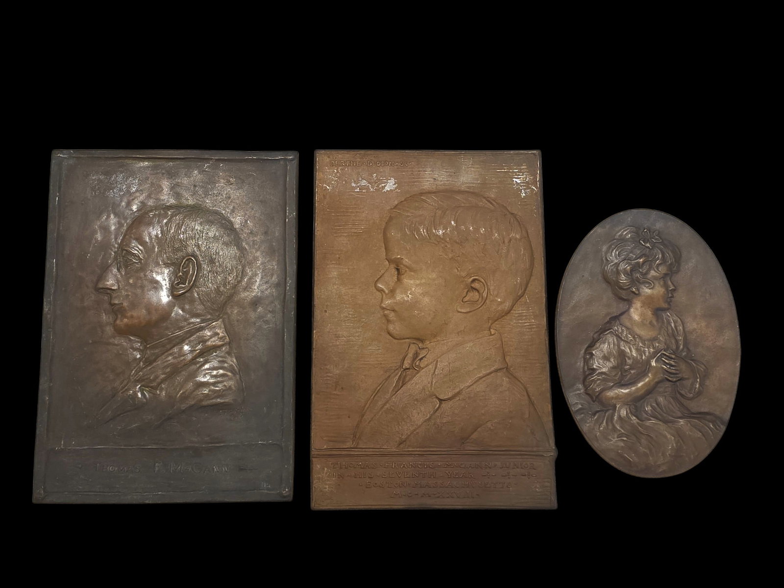 Antique Bronze Plaques From T.F. McGann & Sons Company: 9" X 13" Antique Bronze Plaques From T.F. McGann & Sons Company, Set Of 3 Bronze Plaques, Portrait Of Thomas F McGann As A Child And As An Adult, Female Portrait Unknown, Original Bronze Plaques