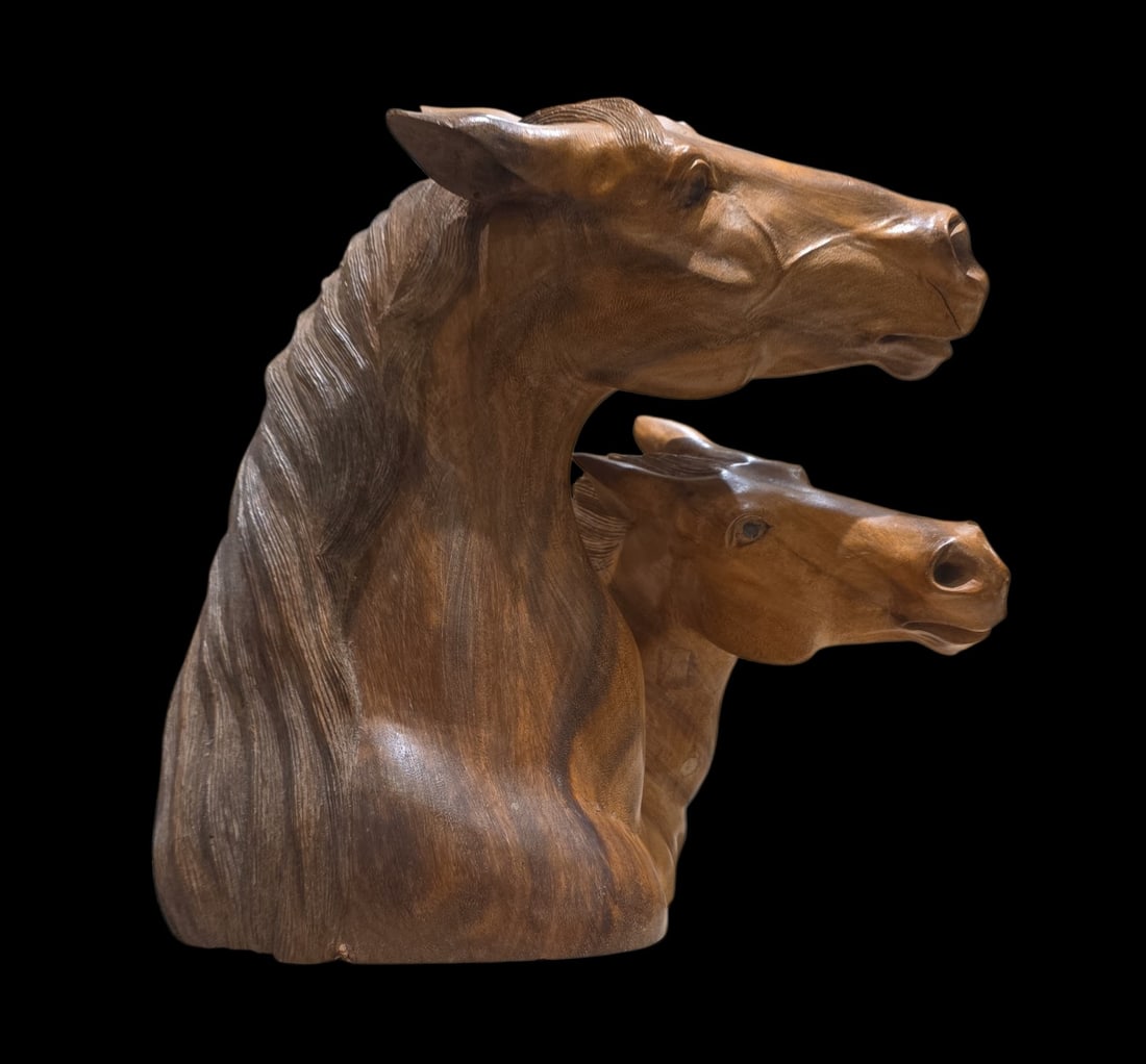 Hand Carved Bust Of Two Horses, Folk-Art: 34.5" X 12" Hand Carved Bust Of Two Horses, Folk-Art, Excellent Detail, Hardwood Carving, Signed By Artist