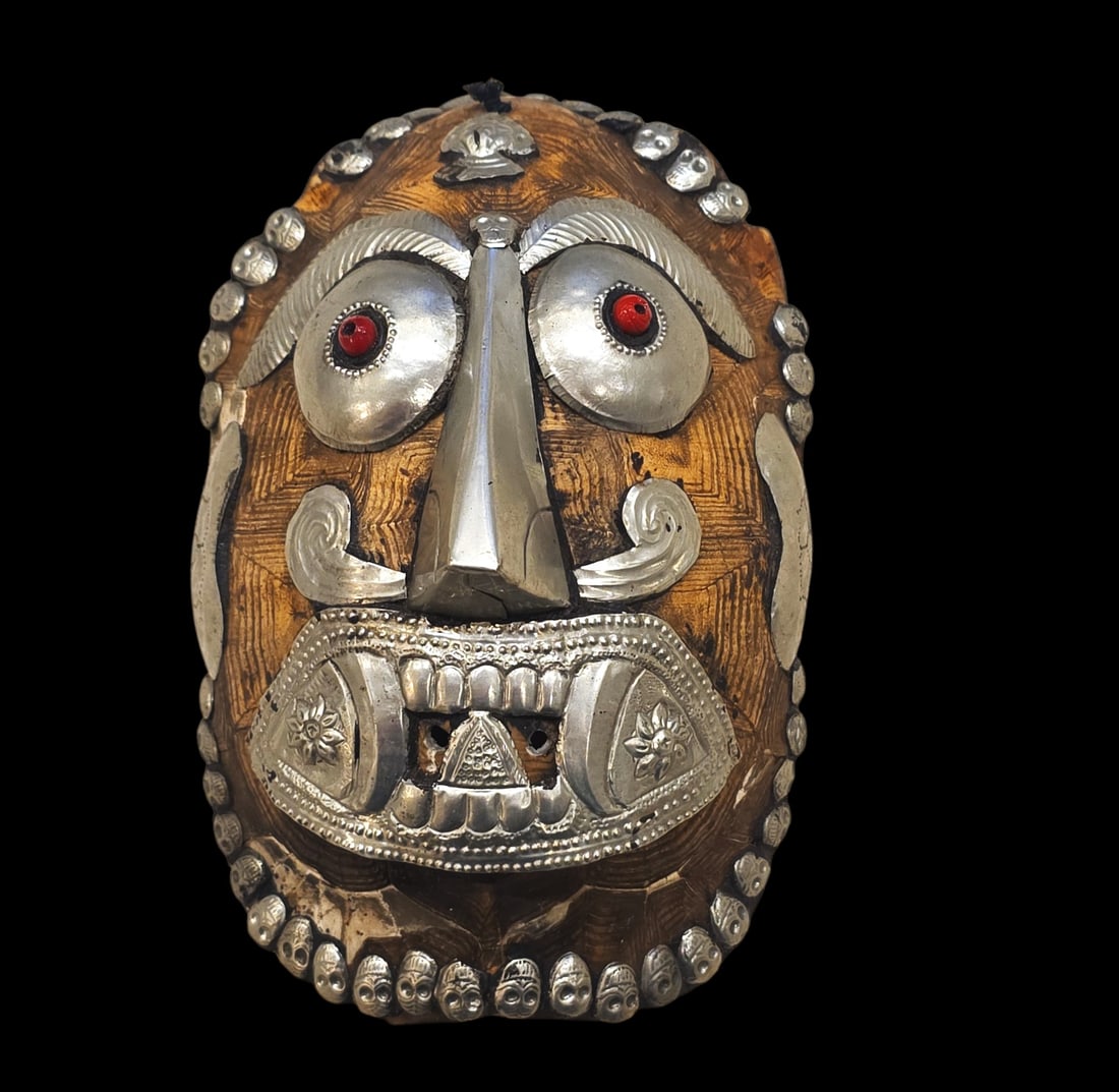 Antique Tibetan Ritual Kapala: 8.5" X 5.5" Antique Tibetan Ritual Kapala, Antique Turtle Shell , Inlaid Coral Eyes, Tibetan Silver Adornments, Tibetan Tantric Buddhist Rituals , 19Th Century