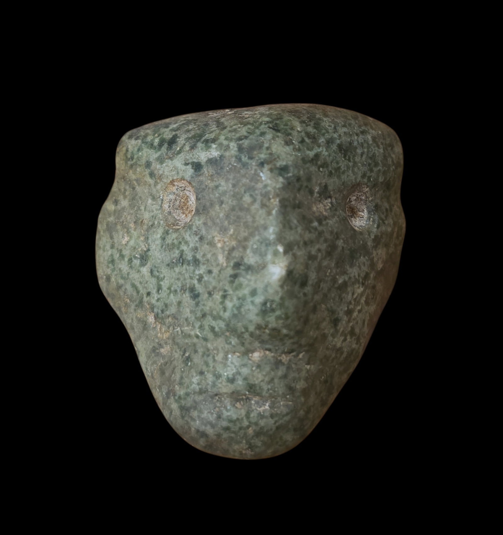 Pre-Columbian Chontal Green Jade Maskette Pendant: 1.75" X 2" Pre-Columbian Chontal Green Jade Maskette Pendant, Green Jade Face Pendant, Mineral Deposits, Signs Of Erosion, Chontal Culture, 500 B.C.-600 C.E.