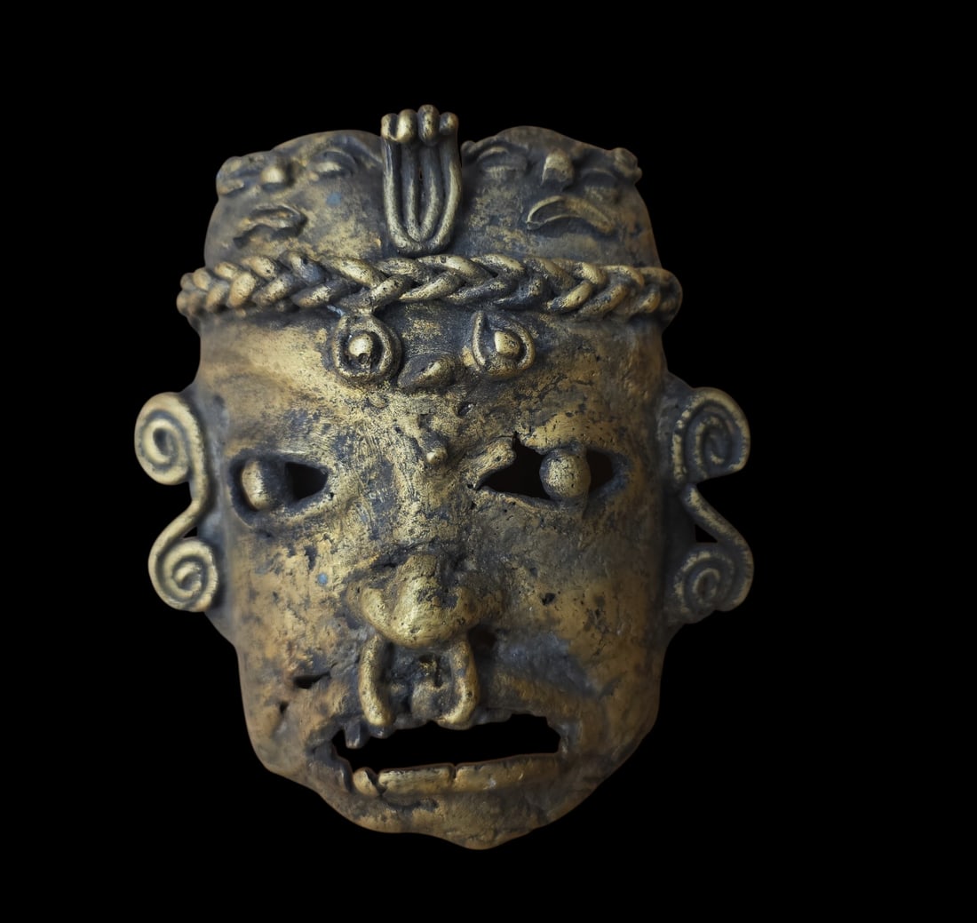 Pre-Columbian Style Mixtec Mask, Xipe Totec: 6.5" X 5" Pre-Columbian Style Mixtec Mask, Xipe Totec, Mixed Alloy Gold Tone, Exact Age Unknown