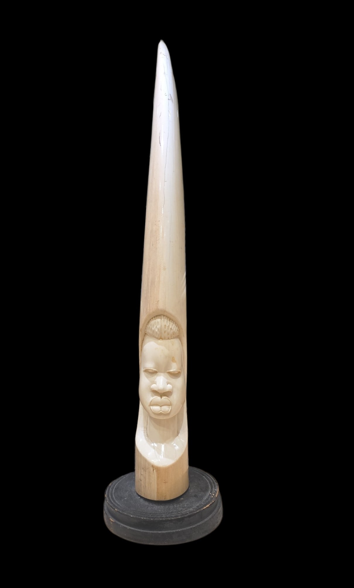 Antique Ivory Coast Carving, 19Th Century: 5" X 42" Antique Ivory Coast Carving, 19Th Century, Stylized Female Face Carving, Ebony Wood Base