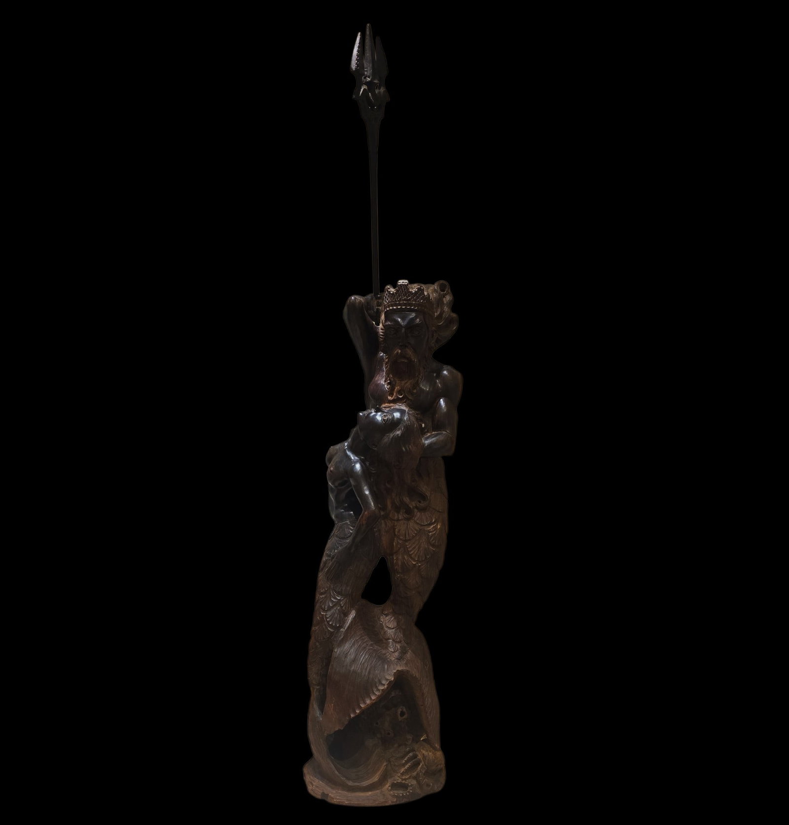 Rosewood Mythological Creature Sculpture Of Poseidon And Mermaid: 45" X 9" Rosewood Mythological Creature Sculpture Of Poseidon And Mermaid, Very Detailed Sculpture, Large, Excellent Condition