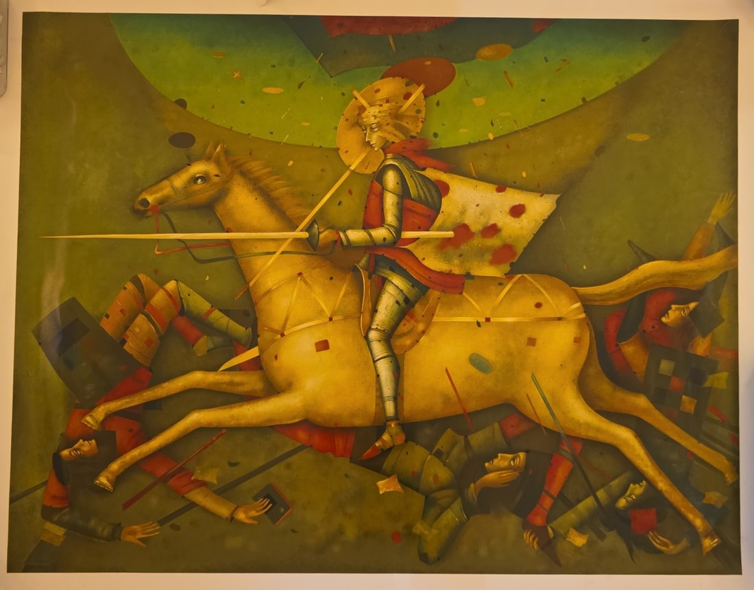 Serigraph "The Rider" Mihail Aleksandrov: 60" X 47" Serigraph "The Rider" Mihail Aleksandrov, Limited Edition, Serigraph On Paper, Not Signed Or Numbered, Extremely Heavy Paper, Some Wear On The Edge Of The Paper Frame, Image Is In Great