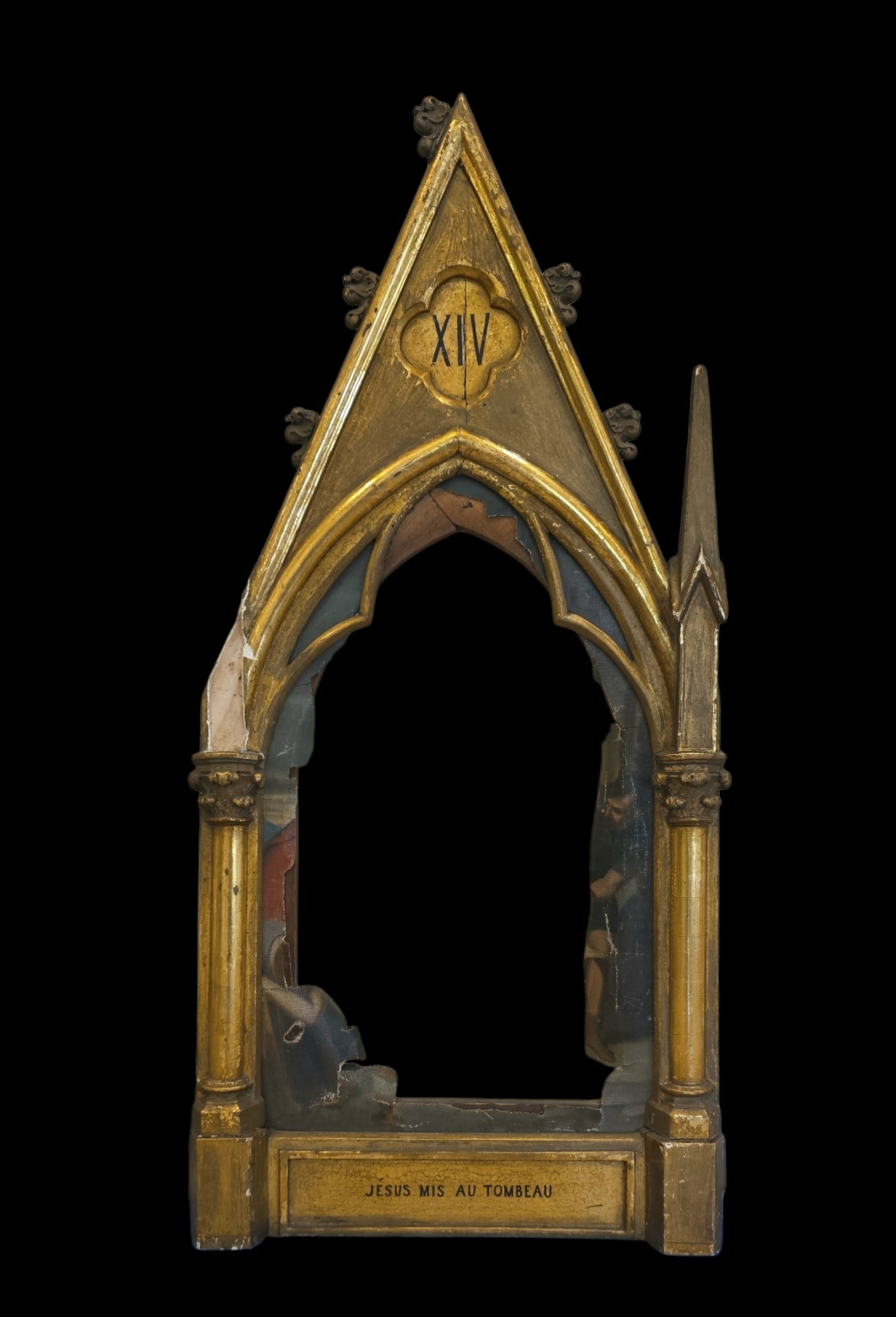 Antique French Gothic Revival Gilt Wood Frame, Late 18Th Century: 32.75" X 15.5" Antique French Gothic Revival Gilt Wood Frame, Oil On Canvas Fragment, Needs Restoration, Late 18Th Century