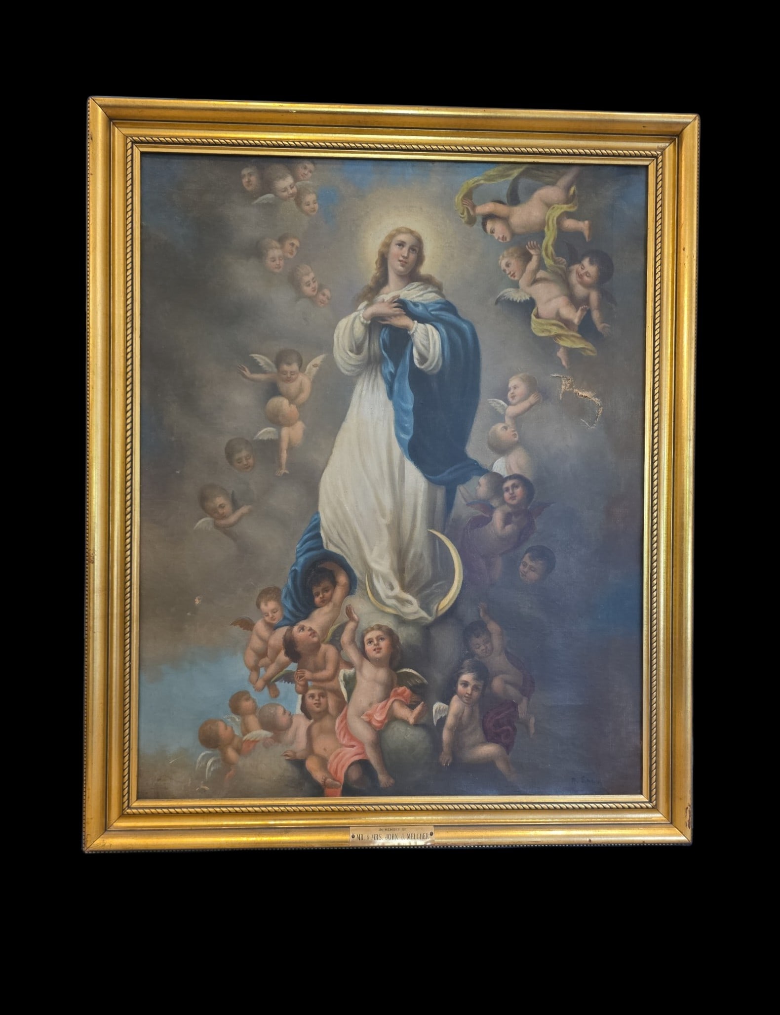 Antique Oil On Canvas, "The Immaculate Conception Of Los Venerables" In The Style Of Murillo, 19Th: 29" X 35" Antique Oil On Canvas, "The Immaculate Conception Of Los Venerables" In The Style Of Murillo, Excellent Patina, Oil On Canvas, Gold Gilded Frame, In Memory Of Mr..&Mrs. John J Melcher