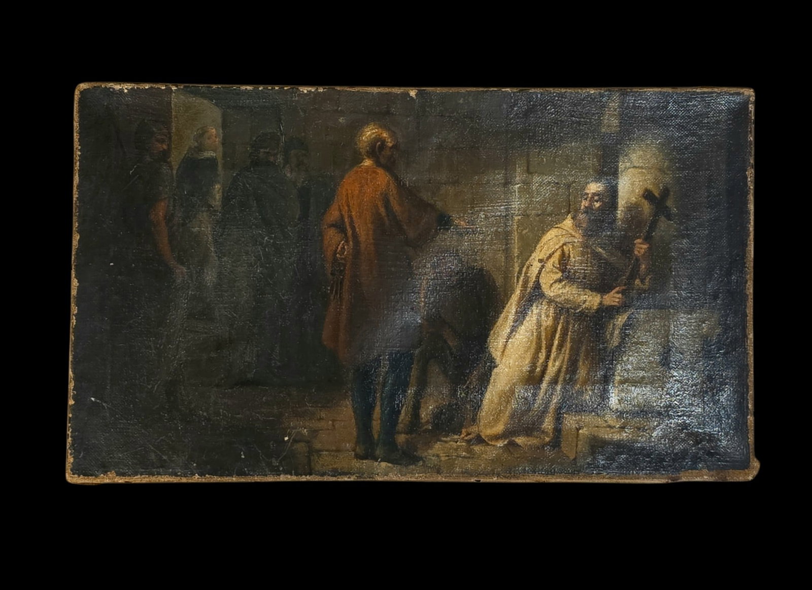 18Th Century Italian Old Master, Oil On Canvas: 17.5" X 10" 18Th Century Italian Old Master, Oil On Canvas, Possibly Judas Returning The 30 Pieces Of Silver