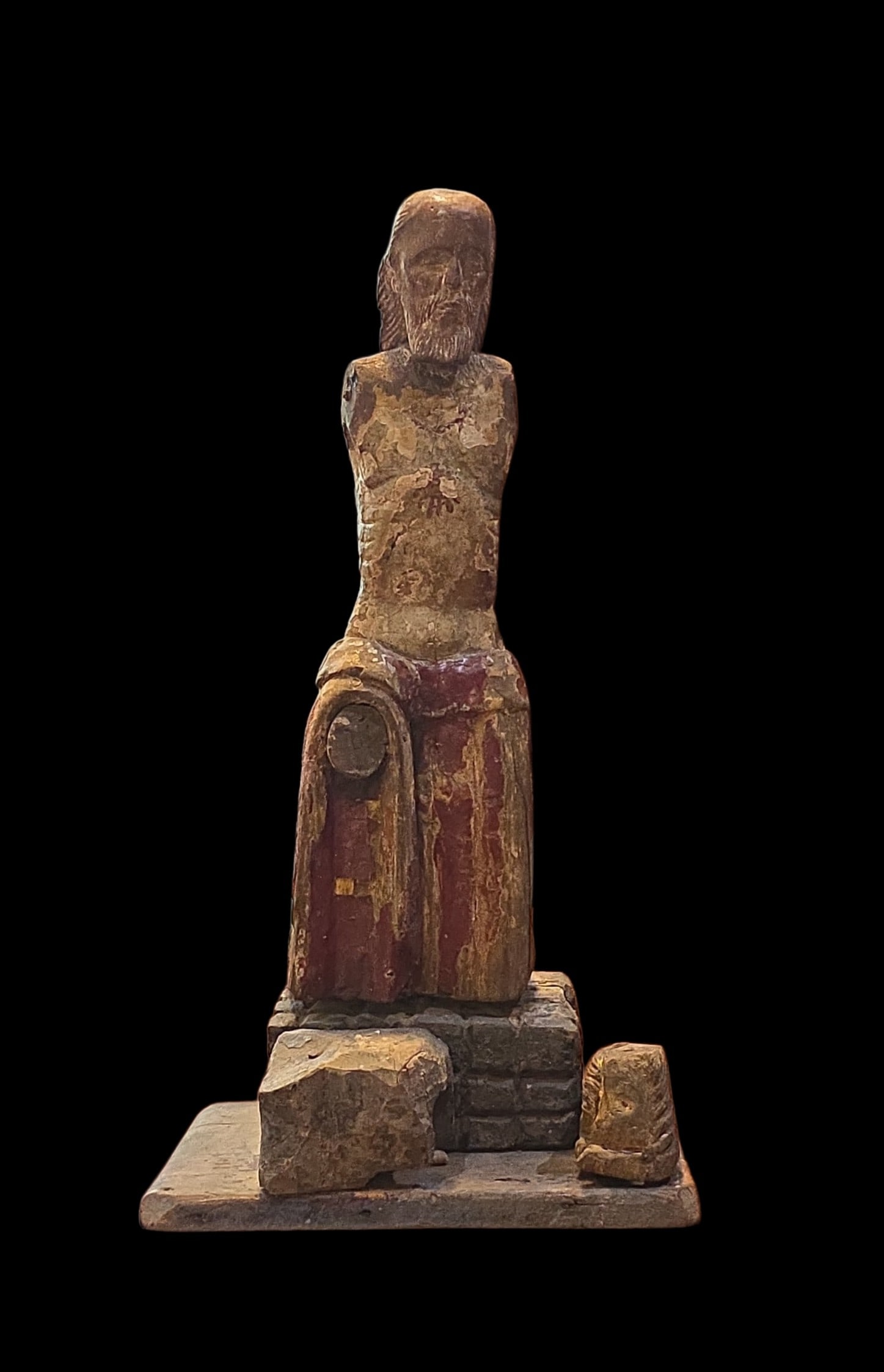 14Th Century Carved Wood Sculpture Spanish Or French: 14Th Century Carved Wood Sculpture Spanish Or French, Depicting Kneeling Figure Wood With Remnants Of Polychrome Paint, Gilding, Exhibits Significant Wear, Missing Arms, 21" X 9"Weathering To The Surf
