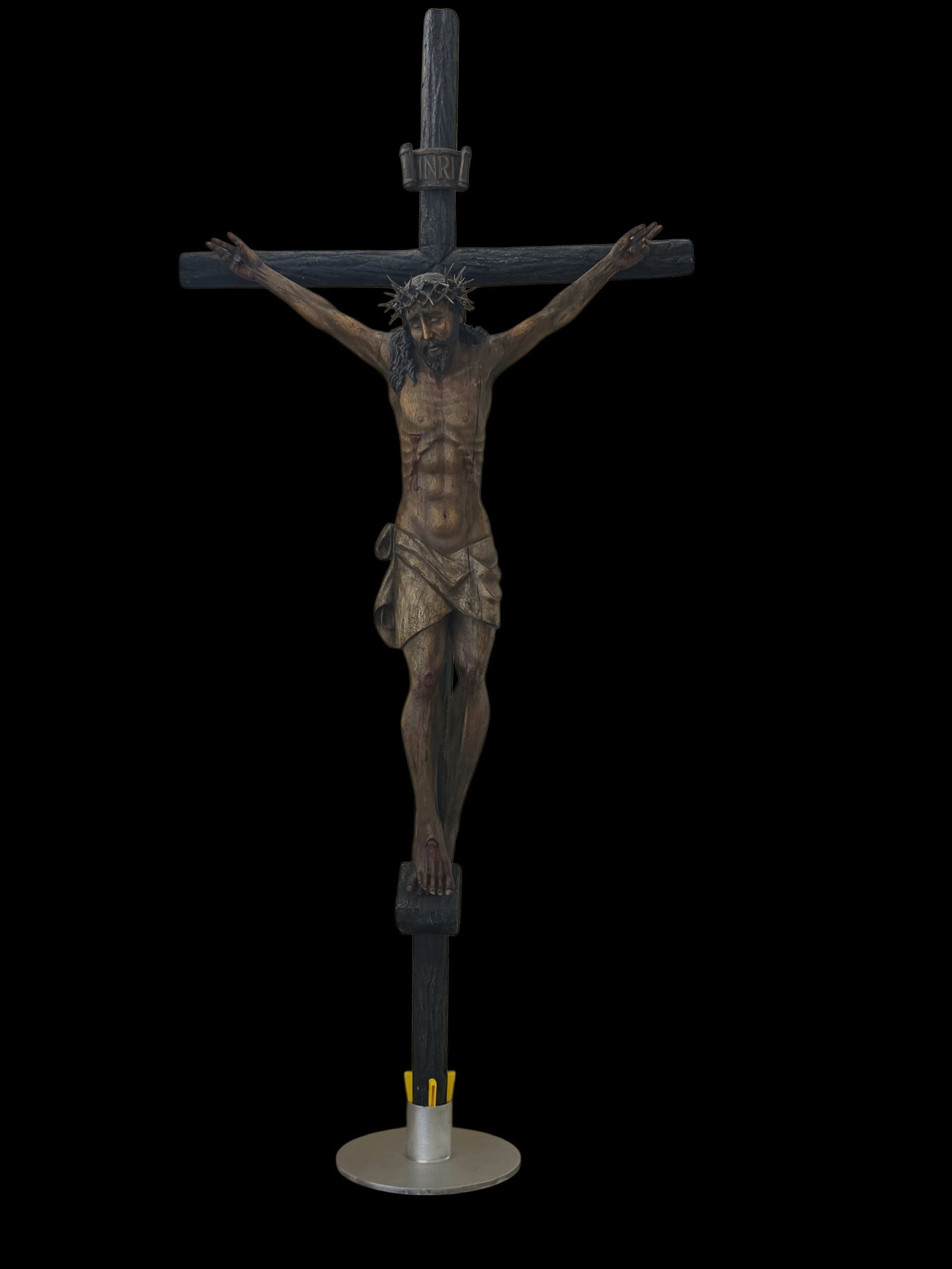Antique Spanish Colonial Christ Mounted On Cross: 64" X 31" Antique Spanish Colonial Christ Mounted On Cross, Hand Carved Wood With Polychrome, Inlay Teeth, Fingernails And Toenails, Custom Base, Solid Carved Wood, Exact Age Unknown
