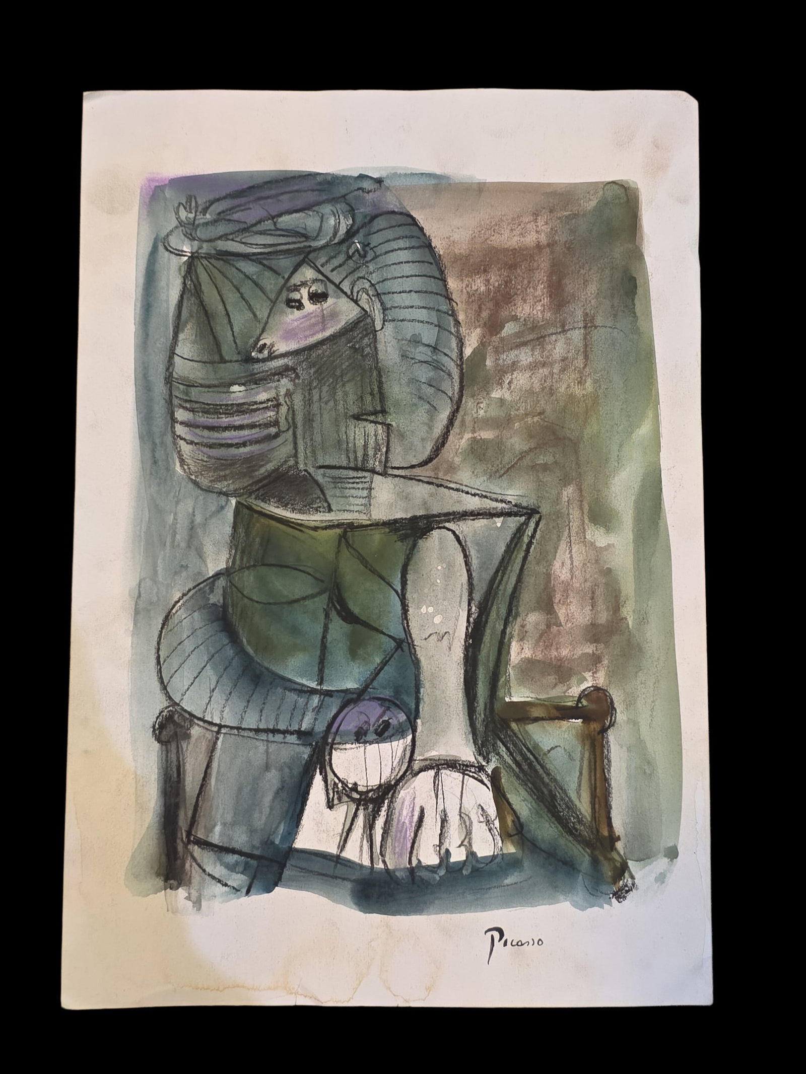 Pablo Picasso, "Femme Assise Dans Un Fauteuil Tresse": 8.5" X 12.5" Pablo Picasso, "Femme Assise Dans Un Fauteuil Tresse", Watercolor And Charcoal On Paper, Signed And Stamped, Unverified