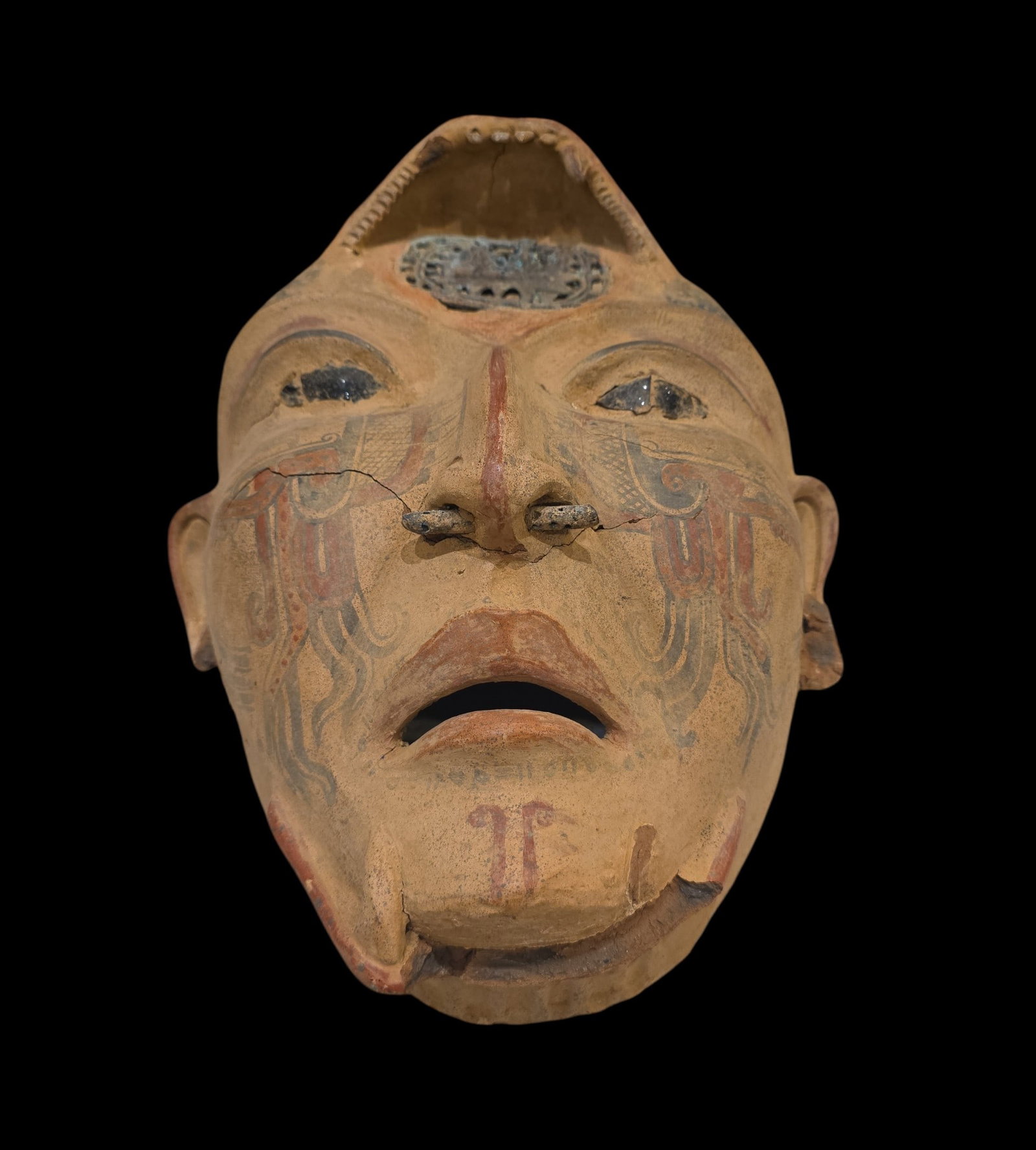 Pre-Columbian Style Ceramic Ceremonial Portrait Mask: 13" X 17" X 10" Pre-Columbian Style Ceramic Ceremonial Portrait Mask, Oversized Portrait Mask, Jaguar Head With Ears, Nose Piercing, Inlay Eyes, Detailed Inlay, Polychrome, Slight Fracture In Pottery 
