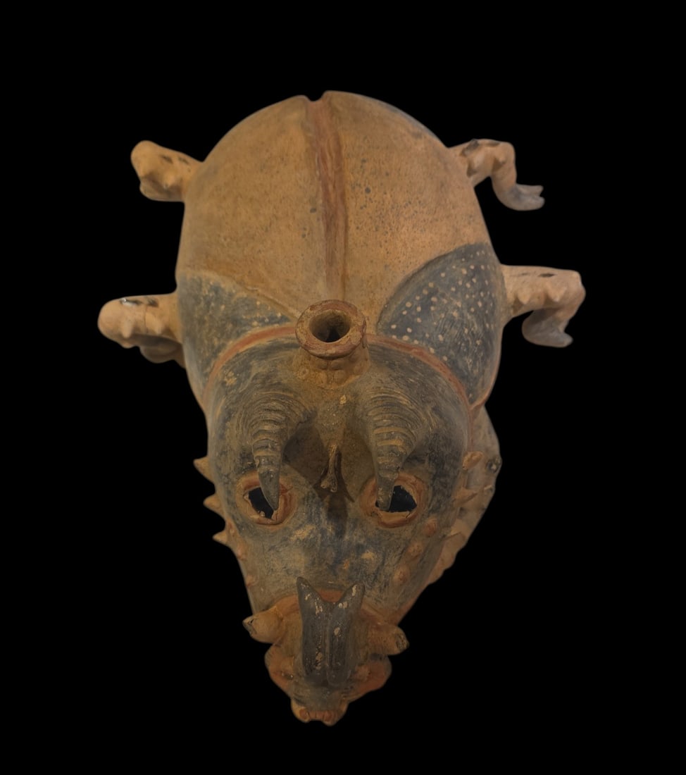 Pre-Columbian Style Polychrome Libation Vessel, Zoomorphic: 11" X 14" Pre-Columbian Style Polychrome Libation Vessel, Zoomorphic Polychrome Vessel, Exact Age And Origin Unknown