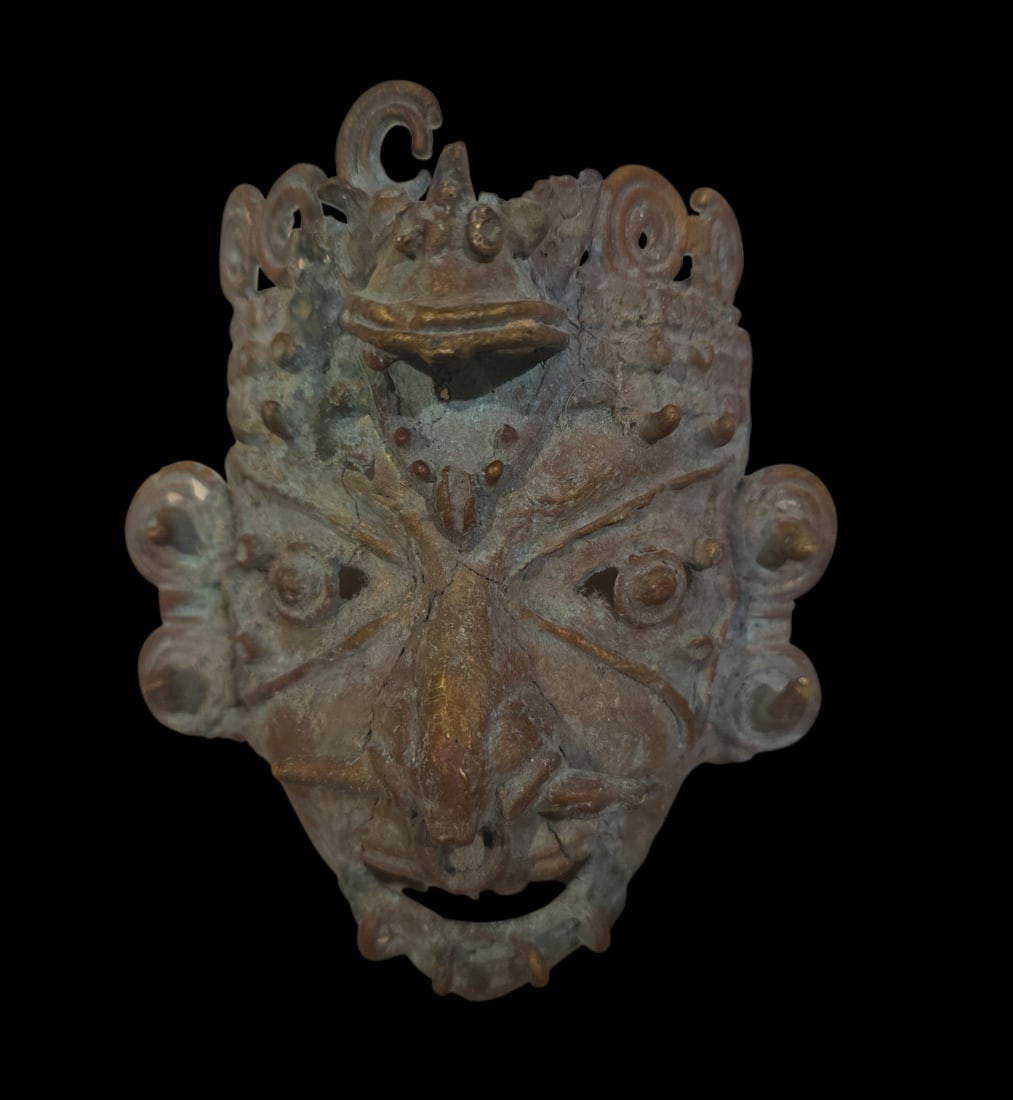 Pre-Columbian Style Mixtec Ceremonial Mask, Gold Tone: 5" X 4.75" Pre-Columbian Style Mixtec Ceremonial Mask, Gold Tone, Exact Age And Origin Uknown