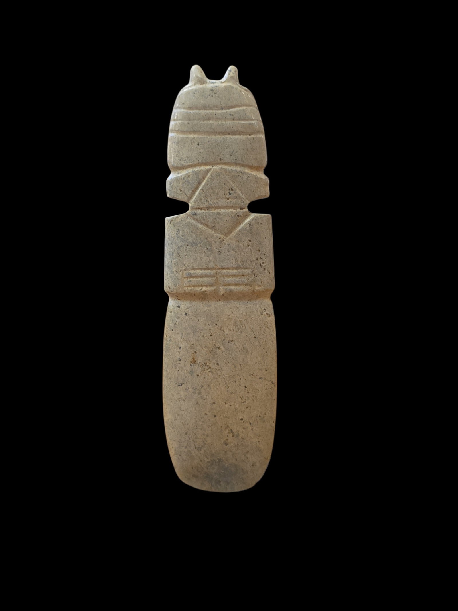 Pre-Columbian Avian Jade Ceremonial Axe God, Costa Rica: 1.25" x 4.75" Pre-Columbian Avian Jade Ceremonial Axe God, Heavy Calcification, Nicoya Costa Rica, 300-900 C.E.