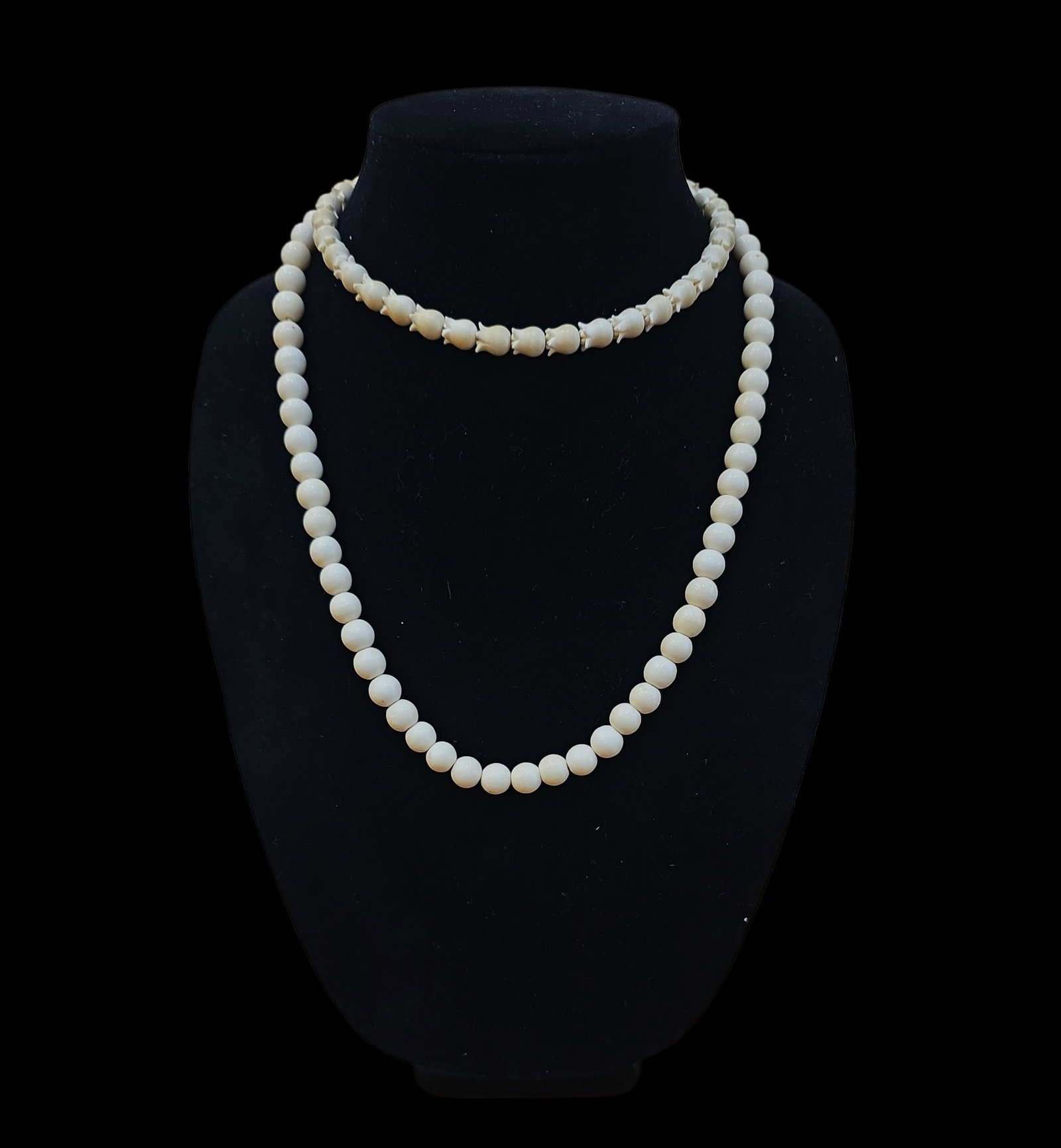 Mid-Century Necklace Set, Hand Carved Beads: 11" Drop Length Mid-Century Necklace Set, Hand Carved Beads, Tulip Beads And Round Beads, Excellent Condition And Patina