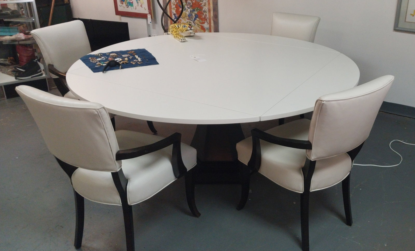 White Dining Table w 4 Leather Chairs, light scratches, 51in square expandable to 72in round (1 of 5)