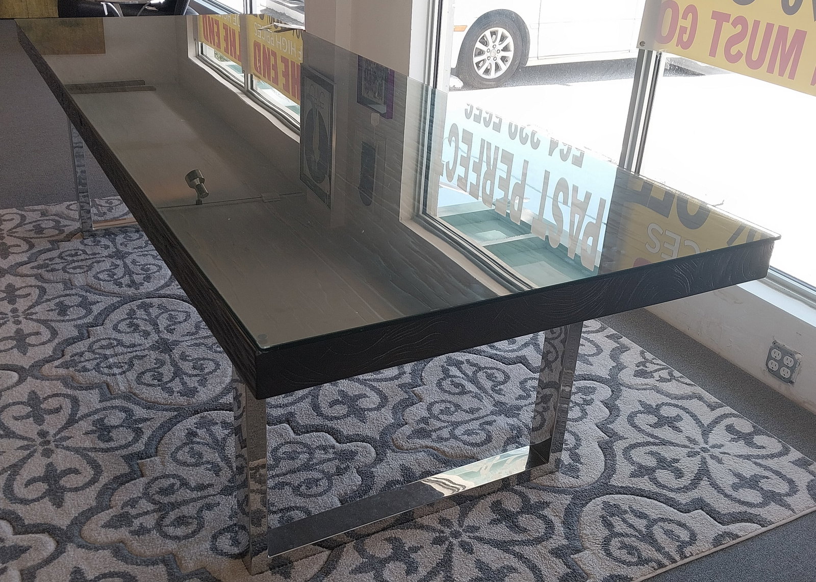 Bernhardt Wood Dining table with chrome base and glasstop - 40 x 106 in (1 of 4)